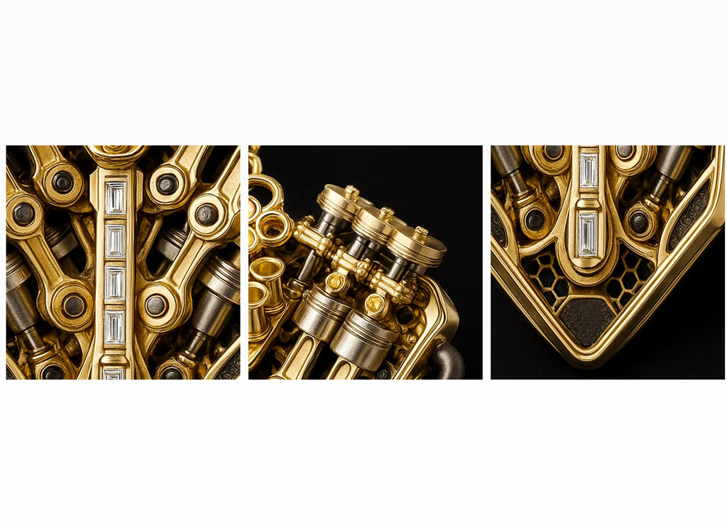 Triptych of V12 engine–inspired pendant macros in 18K yellow gold with channel-set baguette diamonds.