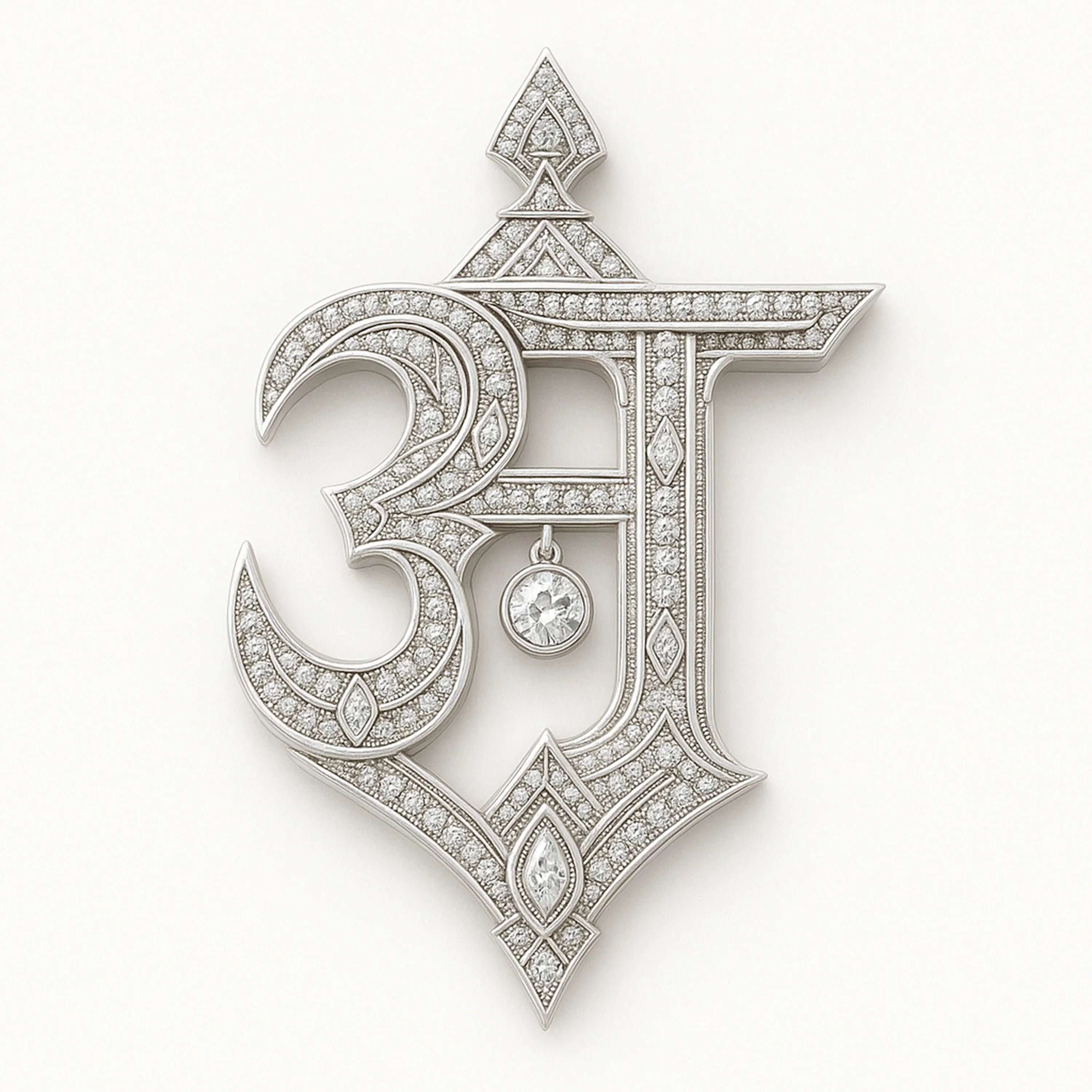 Redbutan Devanagari “अ” diamond hyper jewel pendant with pavé-set diamonds, ornate white-metal framework, and hanging round diamond, studio white