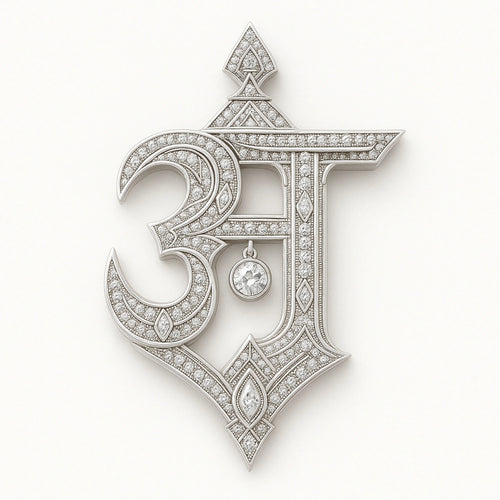 Redbutan Devanagari “अ” diamond hyper jewel pendant with pavé-set diamonds, ornate white-metal framework, and hanging round diamond, studio white