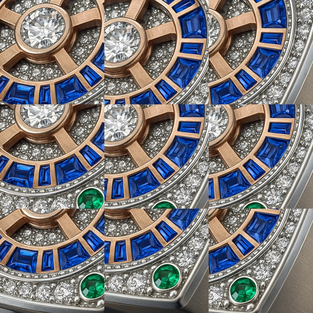 Redbutan high-jewelry ring macro detail grid, showcasing a rose-gold architectural wheel motif with a central round diamond, channel-set blue sapphire baguette ring, micro diamond pavé field, and vivid green emerald accent stones within a precision metal frame.
