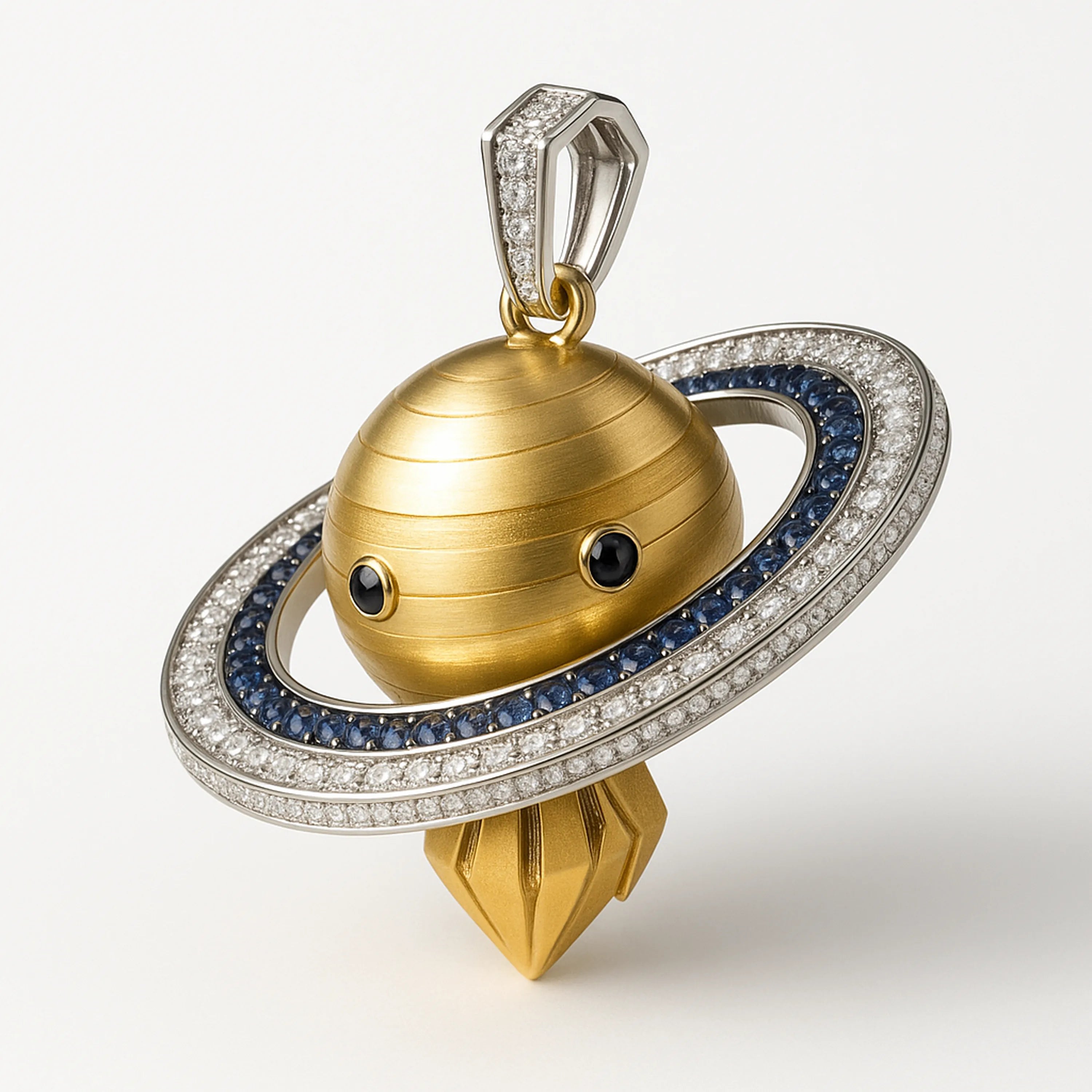 Saturn planet pendant in 18K gold with pavé diamonds and blue sapphires