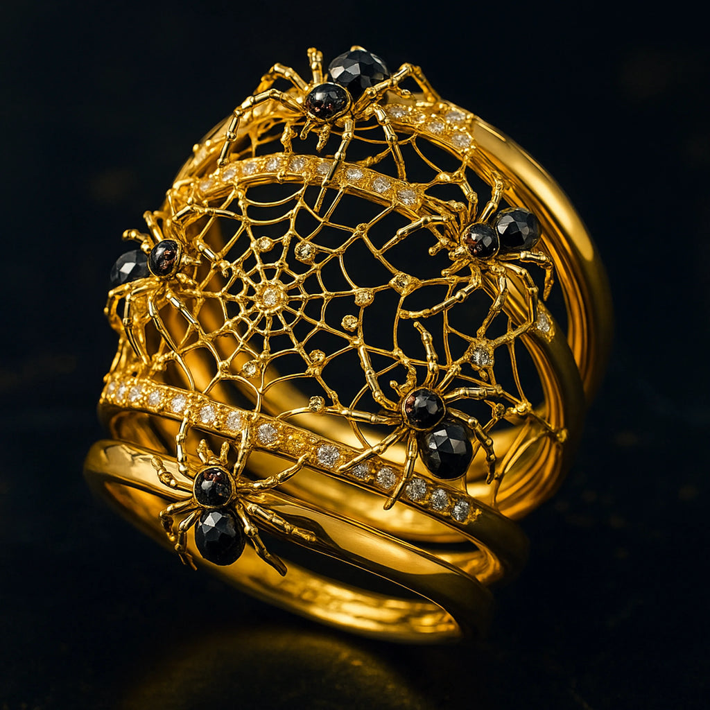 Arachné Sovereign — Web Filigree Black-Diamond Ring