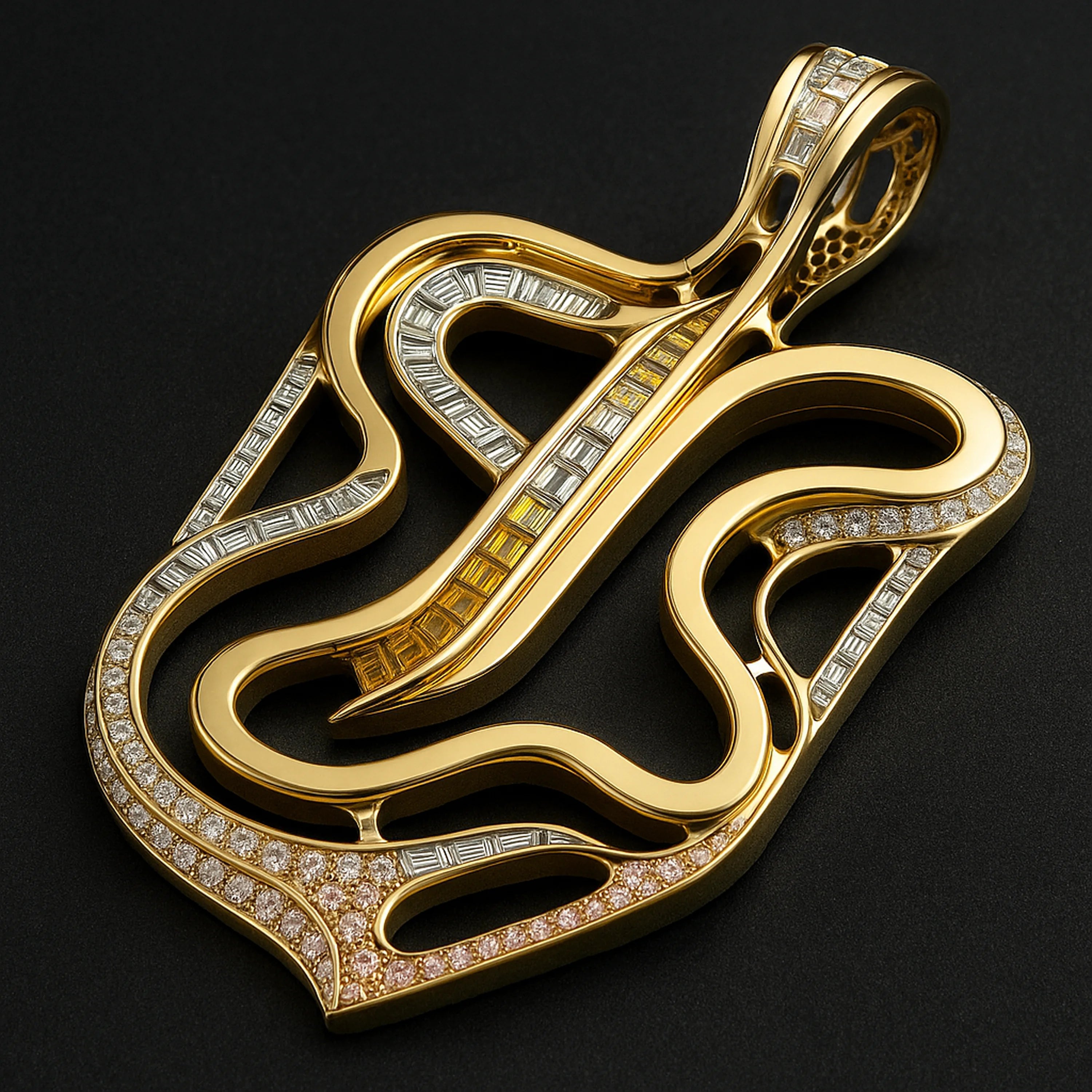 RedButan 18k gold-and-diamond pendant with flowing abstract curves, baguette diamond channels and pavé diamond accents, studio black