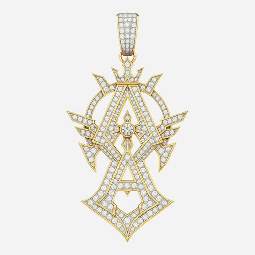 RedButan A initial pendant in 18k yellow gold with pavé diamonds, crown halo design, and round center diamond, studio white