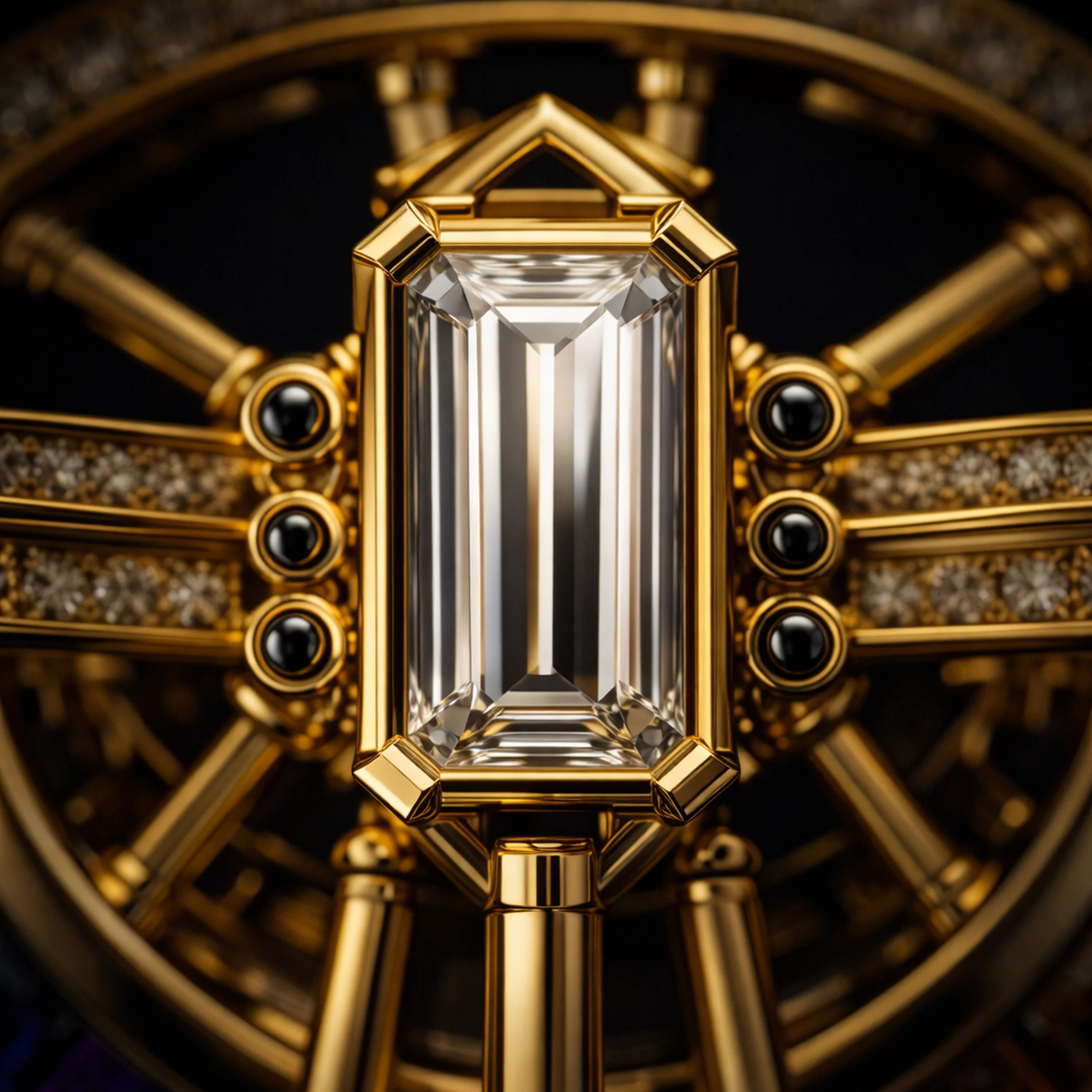 Macro front view of Redbutan Arc Engine – Rainbow Turbine showing the emerald-cut diamond centerpiece in 18k gold with turbine-inspired architecture and black accent screws.