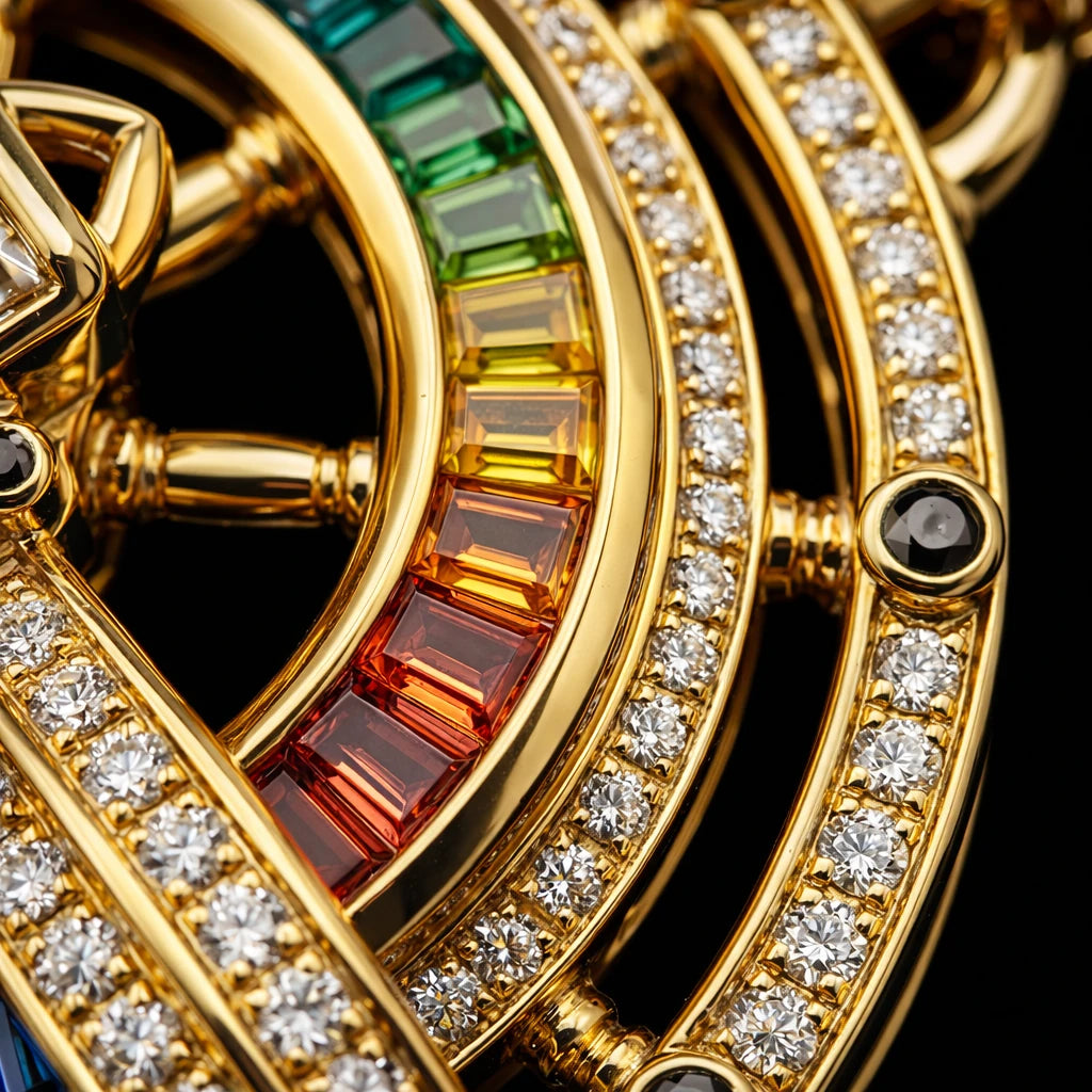 Hyper Jewelry macro by RedButan featuring rainbow baguette gemstones, pavé diamonds, and yellow gold architectural design in an auction-house-worthy studio image