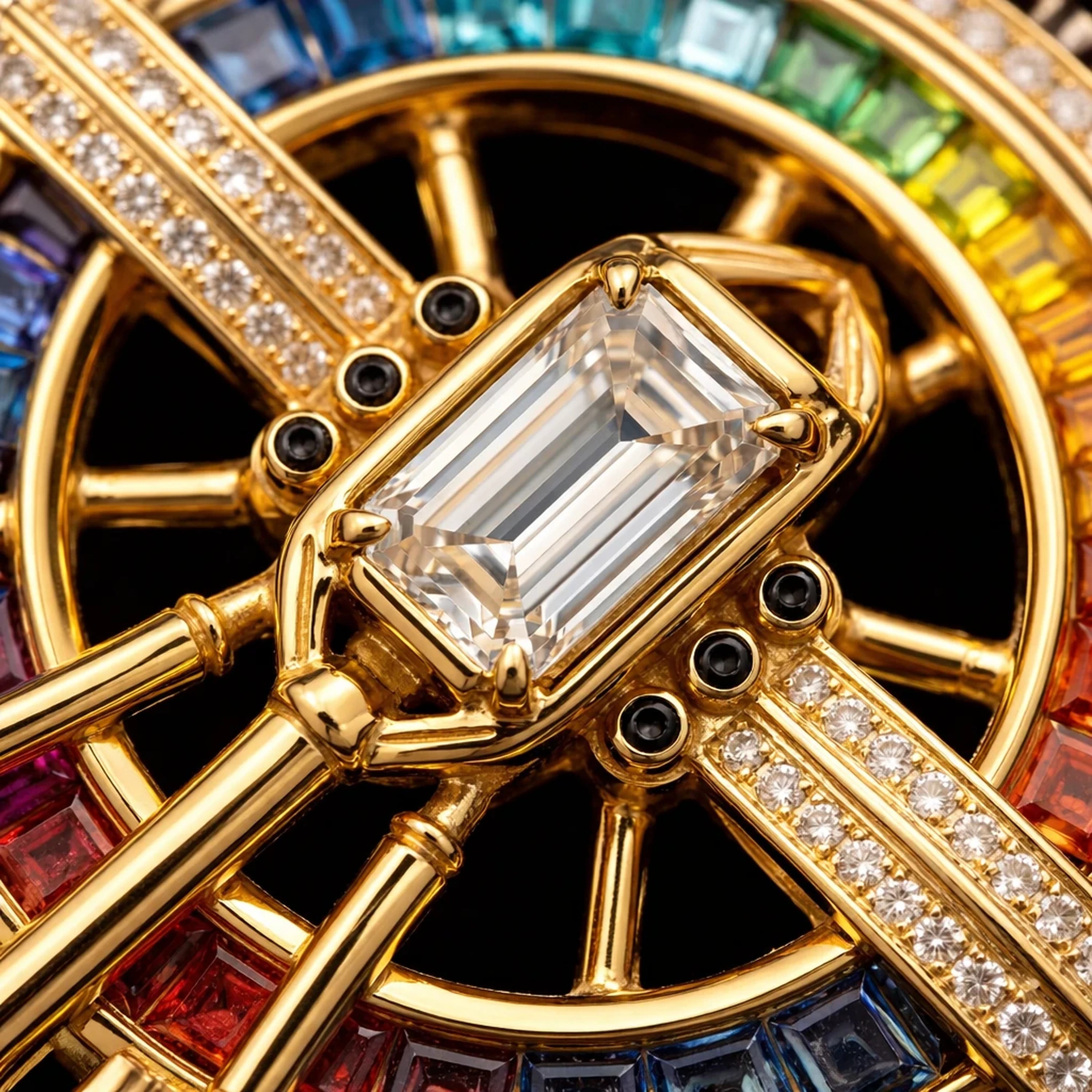 Redbutan Arc Engine Rainbow Turbine, a Hyper Jewelry macro featuring precious stones, natural diamonds, an emerald-cut diamond centerpiece, rainbow baguette halo, black diamond accents, and yellow gold architectural design in auction-house-worthy studio lighting