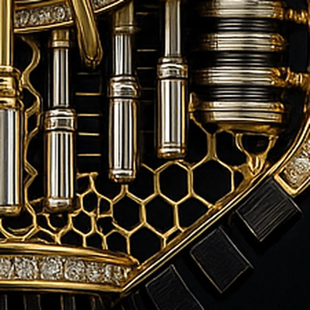 Detail shot of RedButan arc engine pendant showing honeycomb structure, mechanical-inspired columns, and pavé-set diamonds on black