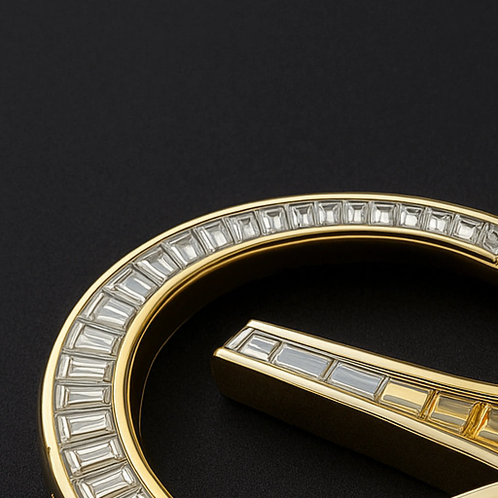 RedButan 18k yellow-gold pendant with channel-set baguette-cut diamonds, macro detail on black background.
