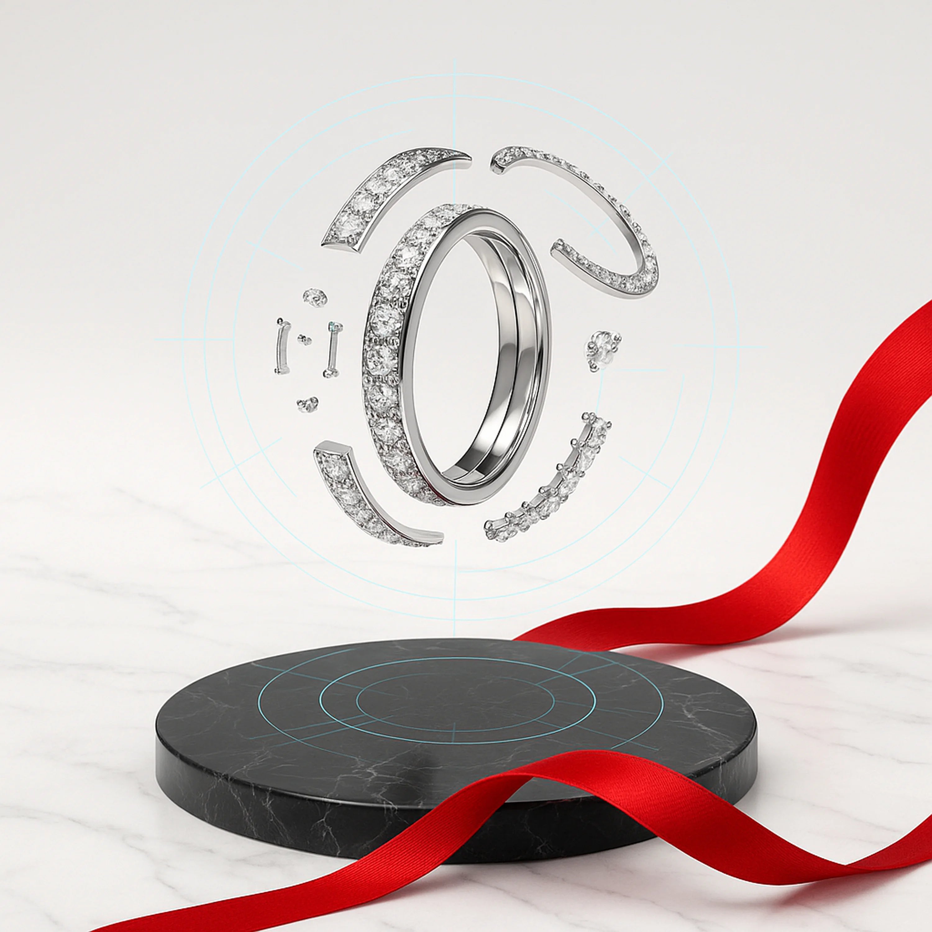 RedButan ‘Build Your Iced-Out’ bespoke ring concept—floating exploded-view diamond setting components orbiting a polished white-metal band above a black marble plinth, with a red ribbon accent on a clean studio background; design-engineering visualization for custom high jewelry.