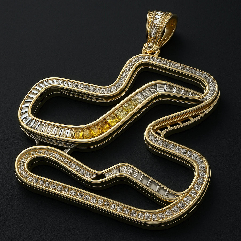 RedButan circuit-inspired 18k-gold pendant with baguette natural diamond channels, yellow diamond gradient detail, and pavé-set diamond outline