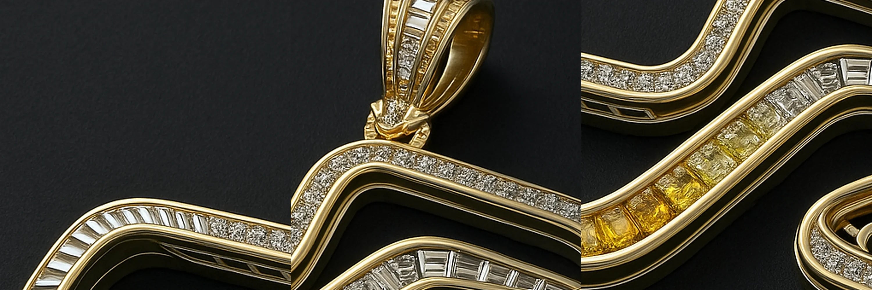 RedButan circuit pendant macro triptych: baguette diamond channels, yellow diamond gradient detail, and pavé-set diamond outline