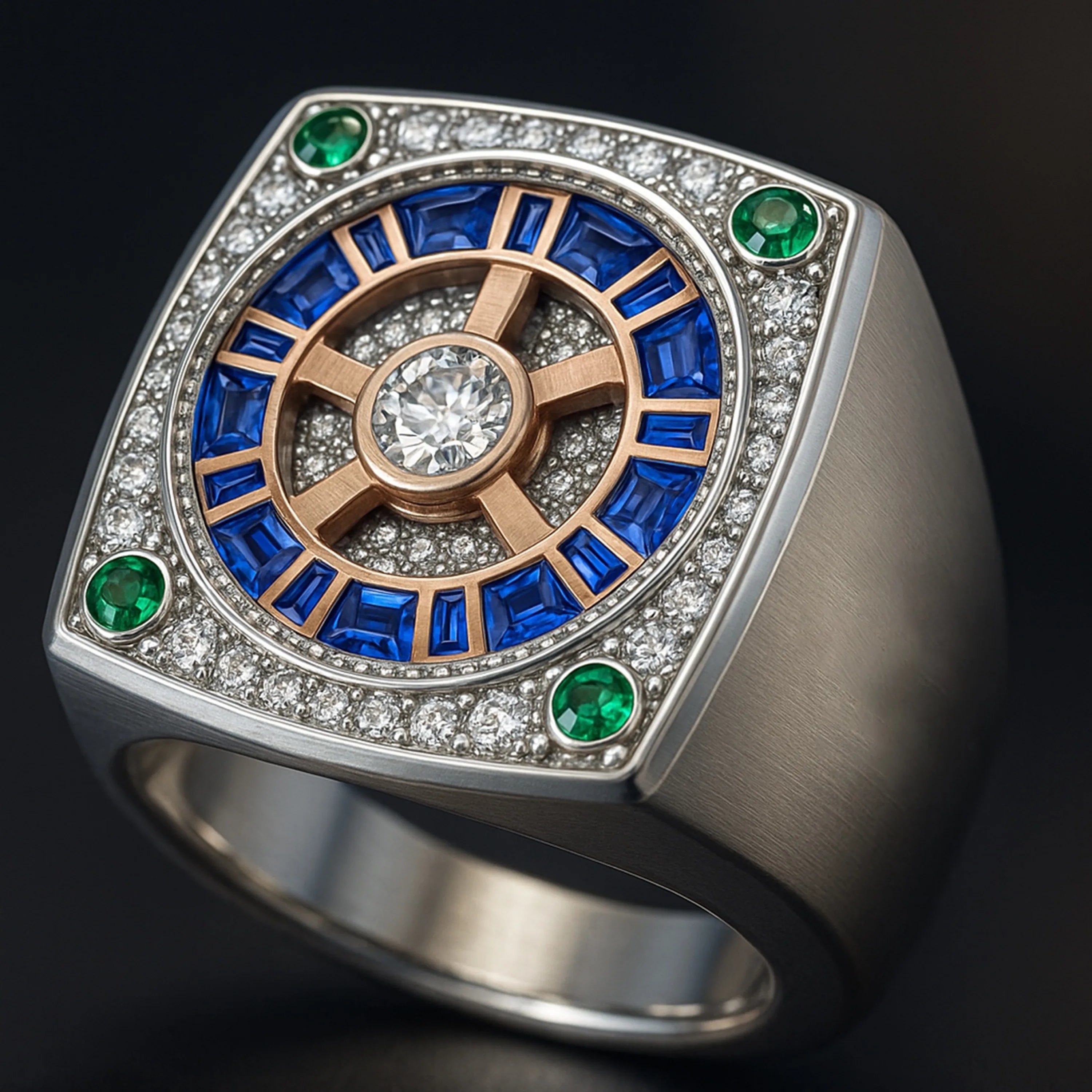 Redbutan high-jewel signet ring featuring a round-brilliant center diamond, sapphire-blue baguette halo and pavé diamonds on a two-tone square head with green accents