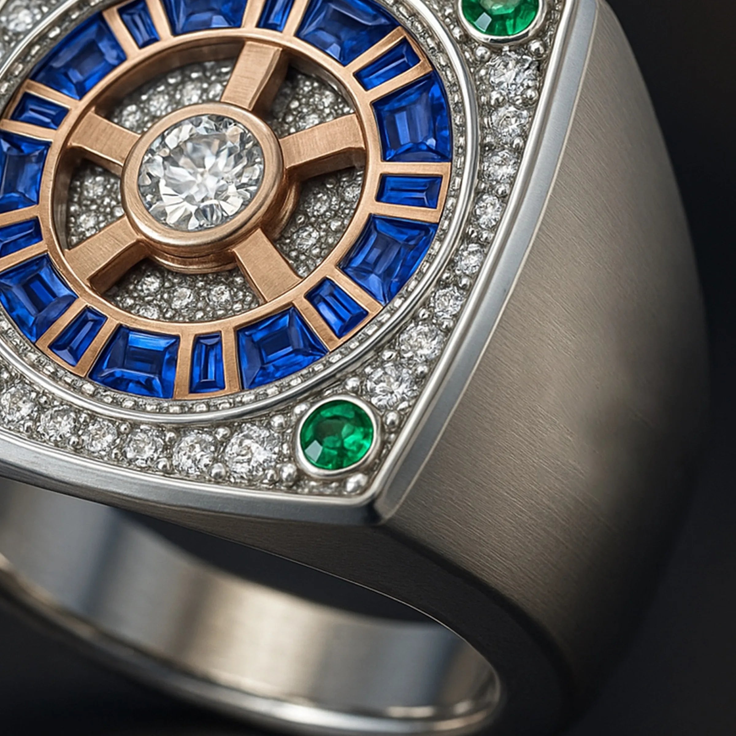 Redbutan high-jewelry ring angled macro view, featuring a brushed precious-metal shank with an architectural rose-gold wheel motif, central round diamond, channel-set blue sapphire baguettes, micro diamond pavé surface, and vivid green emerald accent stones in a precision-set frame