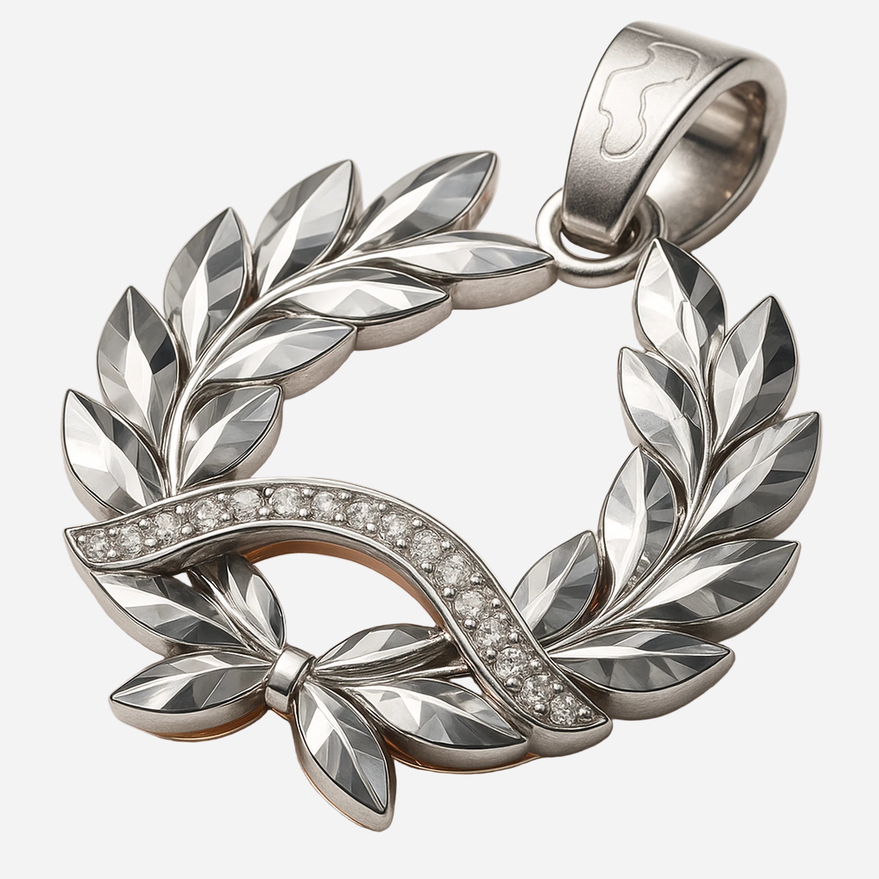 Redbutan Luxury  Laurel wreath pendant in 18K white gold with pavé-diamond ribbon