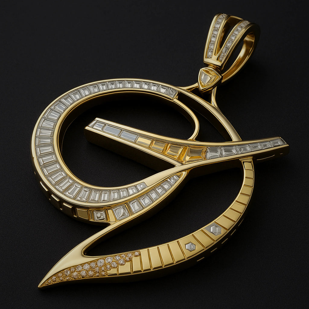 Close-up of RedButan high-jewel pendant in 18K yellow gold, fully channel-set with baguette-cut diamonds and accented by pavé-set round diamonds, forming an elegant aerodynamic loop design.