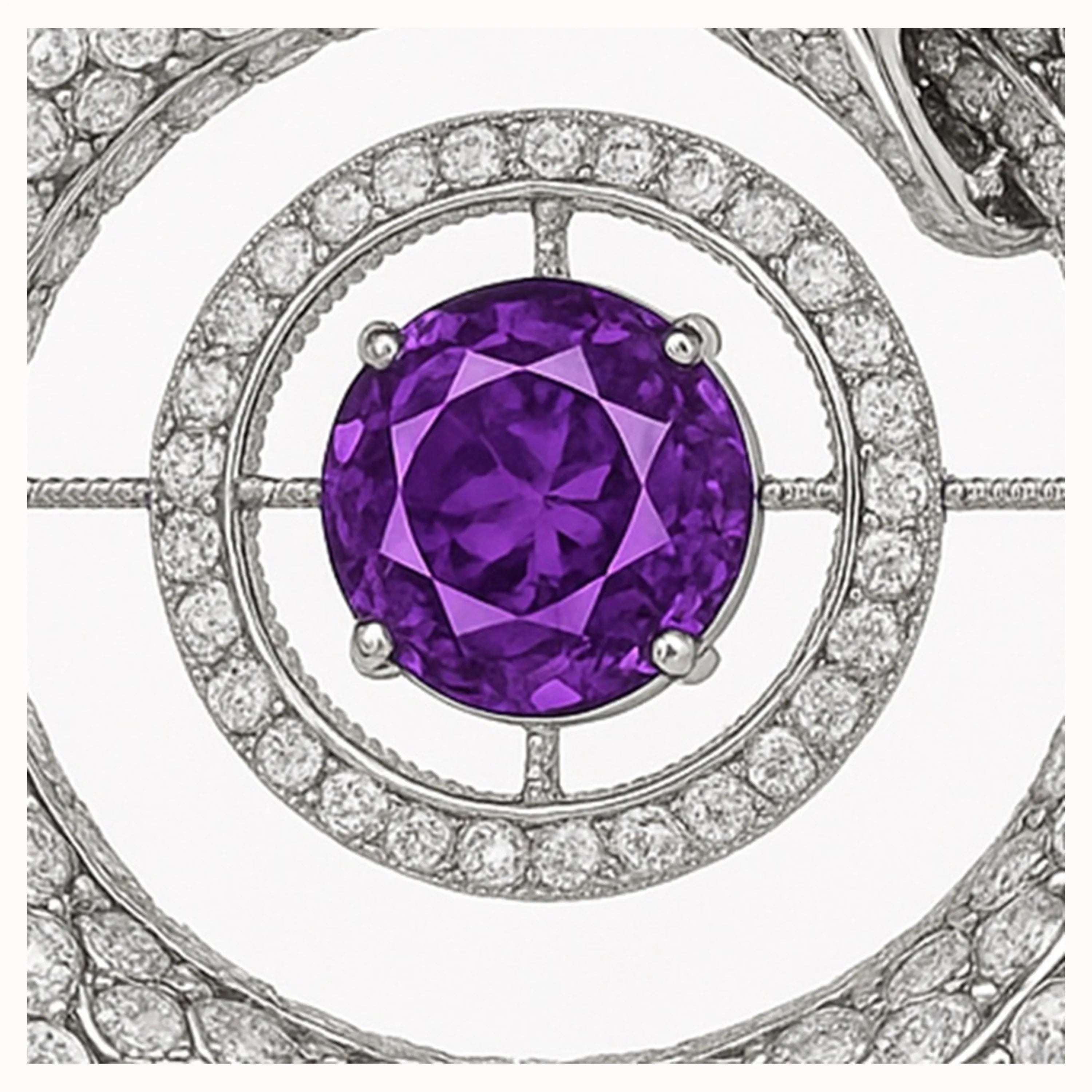 Redbutan high jewelry Ouroboros macro: purple round center stone with diamond halo and crosshair-style spokes in white metal 