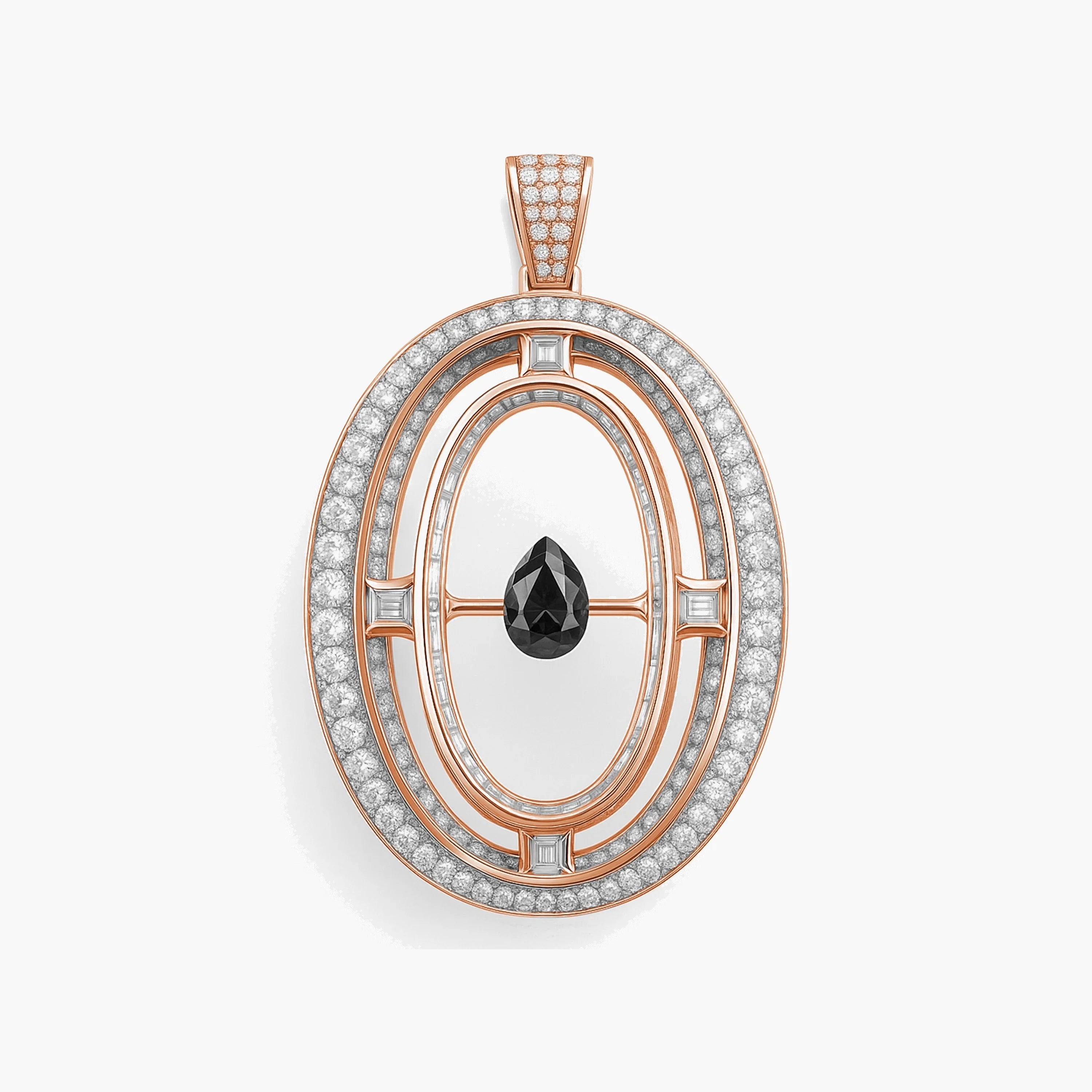 Redbutan “0” numeral pendant in rose gold with pavé diamonds, channel-set baguette halo, and floating black pear diamond; made-to-order high jewelry.