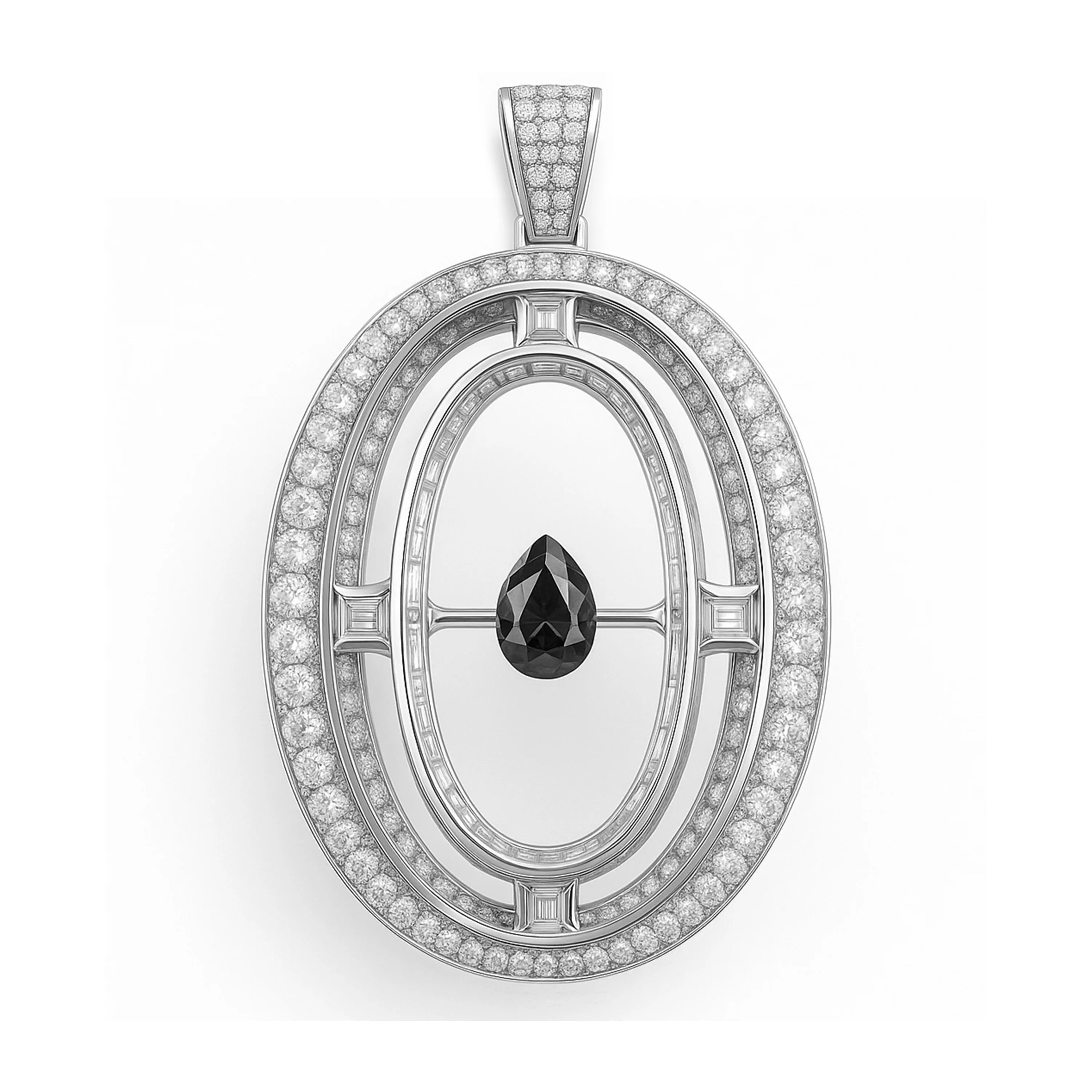 Redbutan “0” numeral pendant in white gold with pavé diamonds, channel-set baguette halo, and floating black pear diamond; made-to-order high jewelry.