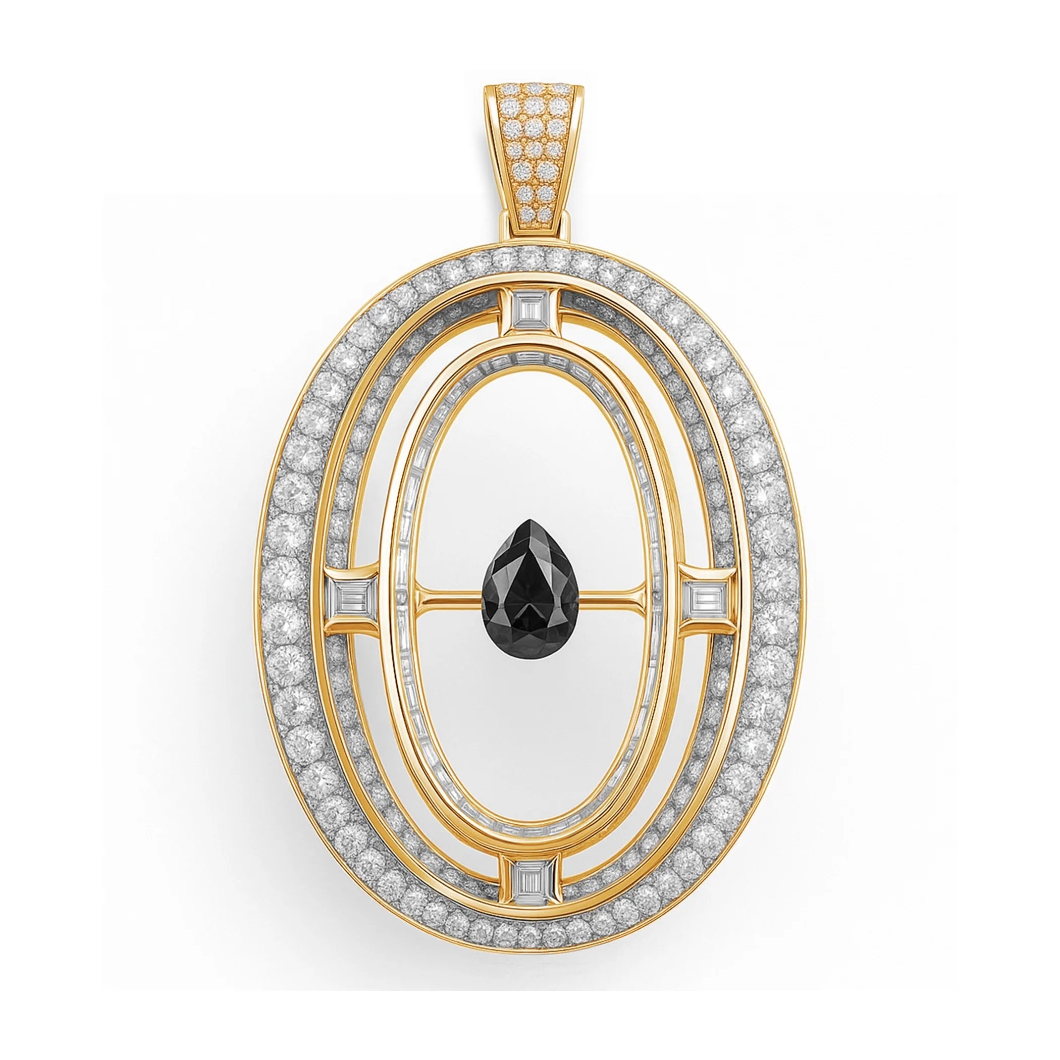 Redbutan “0” numeral pendant in yellow gold with pavé diamonds, channel-set baguette halo, and floating black pear diamond; made-to-order high jewelry.