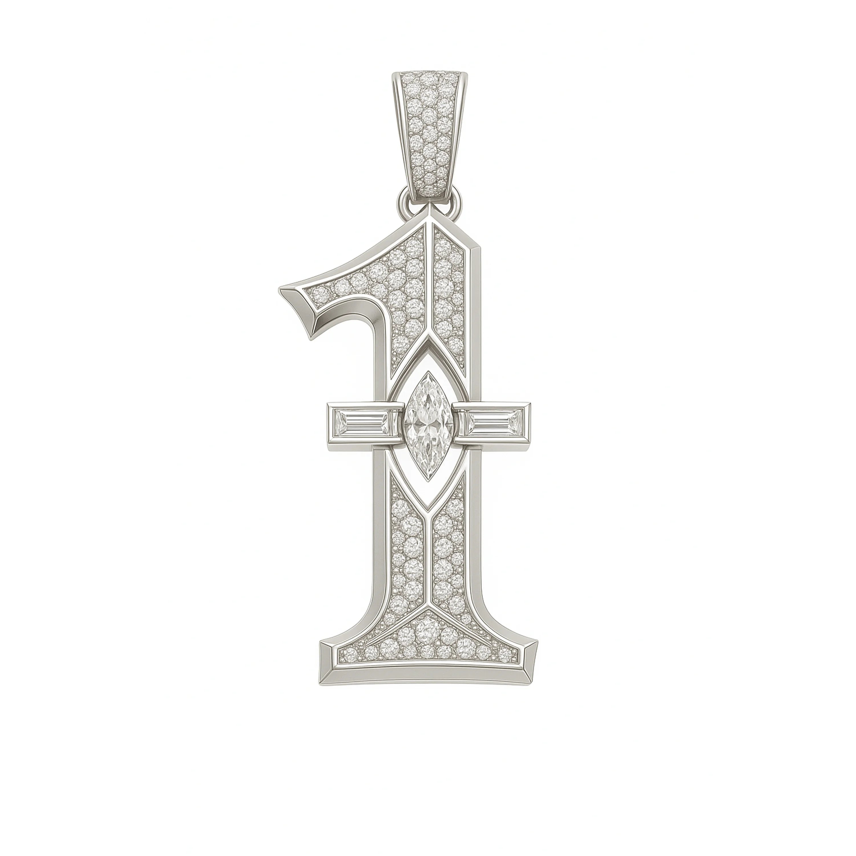 Redbutan “1” numeral pendant in white gold with pavé diamonds, marquise-cut center diamond and baguette crossbar; numbered, made-to-order high jewelry.