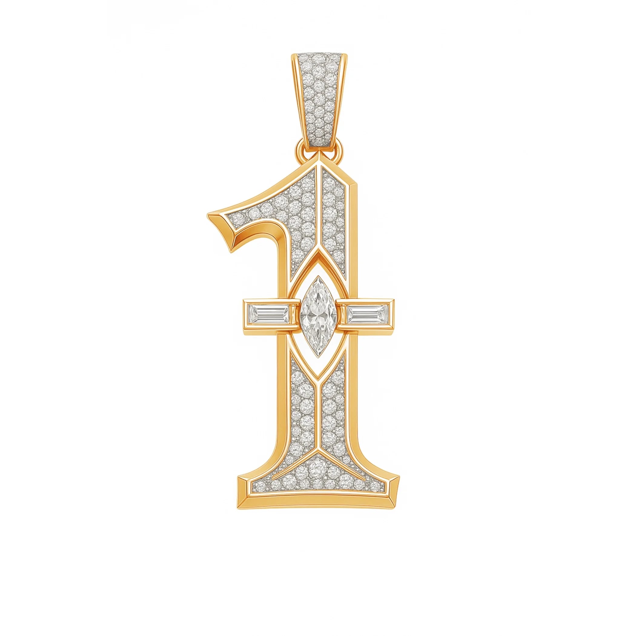 Redbutan “1” numeral pendant in yellow gold with pavé diamonds, marquise-cut center diamond and baguette crossbar; numbered, made-to-order high jewelry.