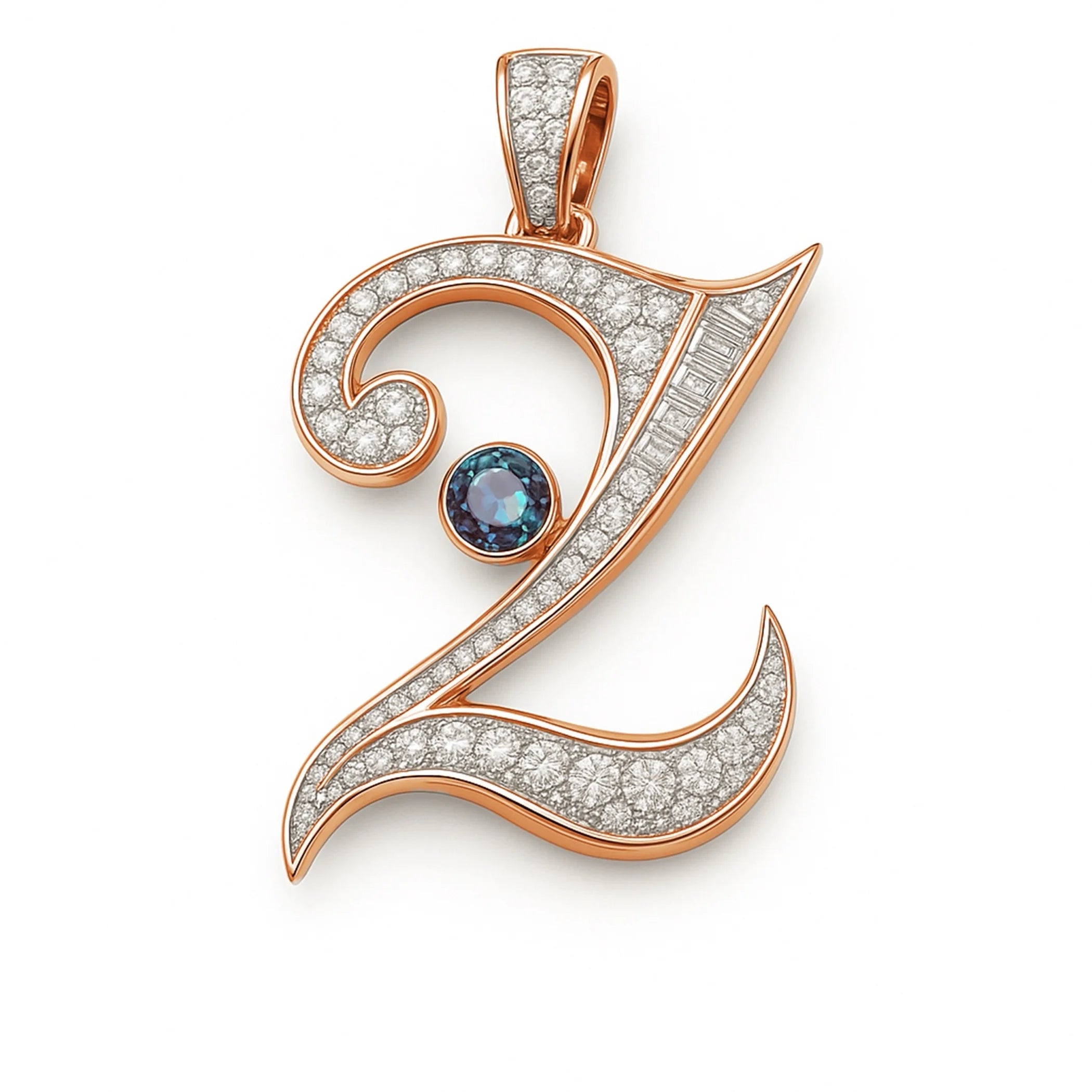 Redbutan “2” numeral pendant in rose gold with pavé diamonds, baguette-cut diamond spine, and round blue gemstone accent; made-to-order high jewelry.