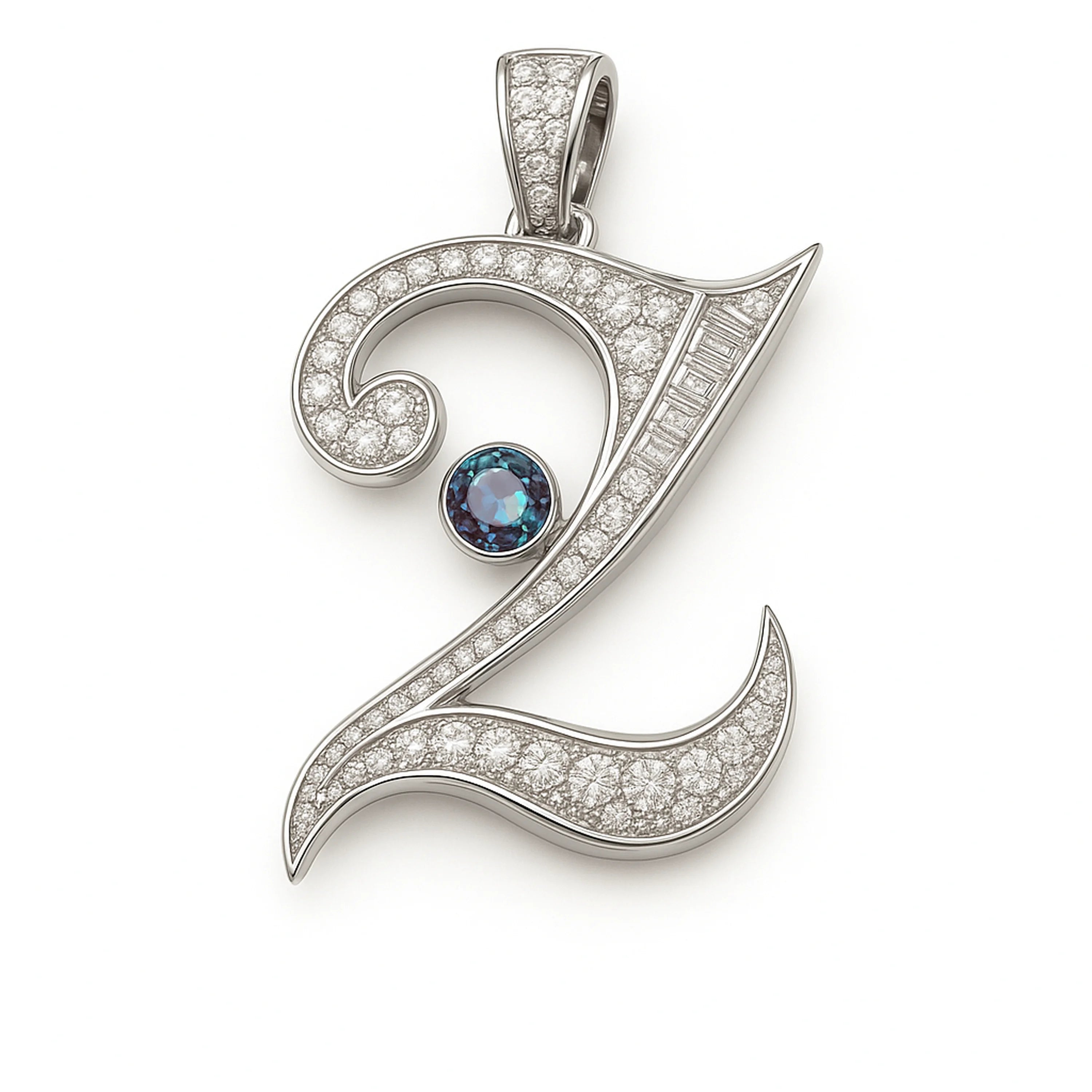Redbutan “2” numeral pendant in white gold with pavé diamonds, baguette-cut diamond spine, and round blue gemstone accent; made-to-order high jewelry.