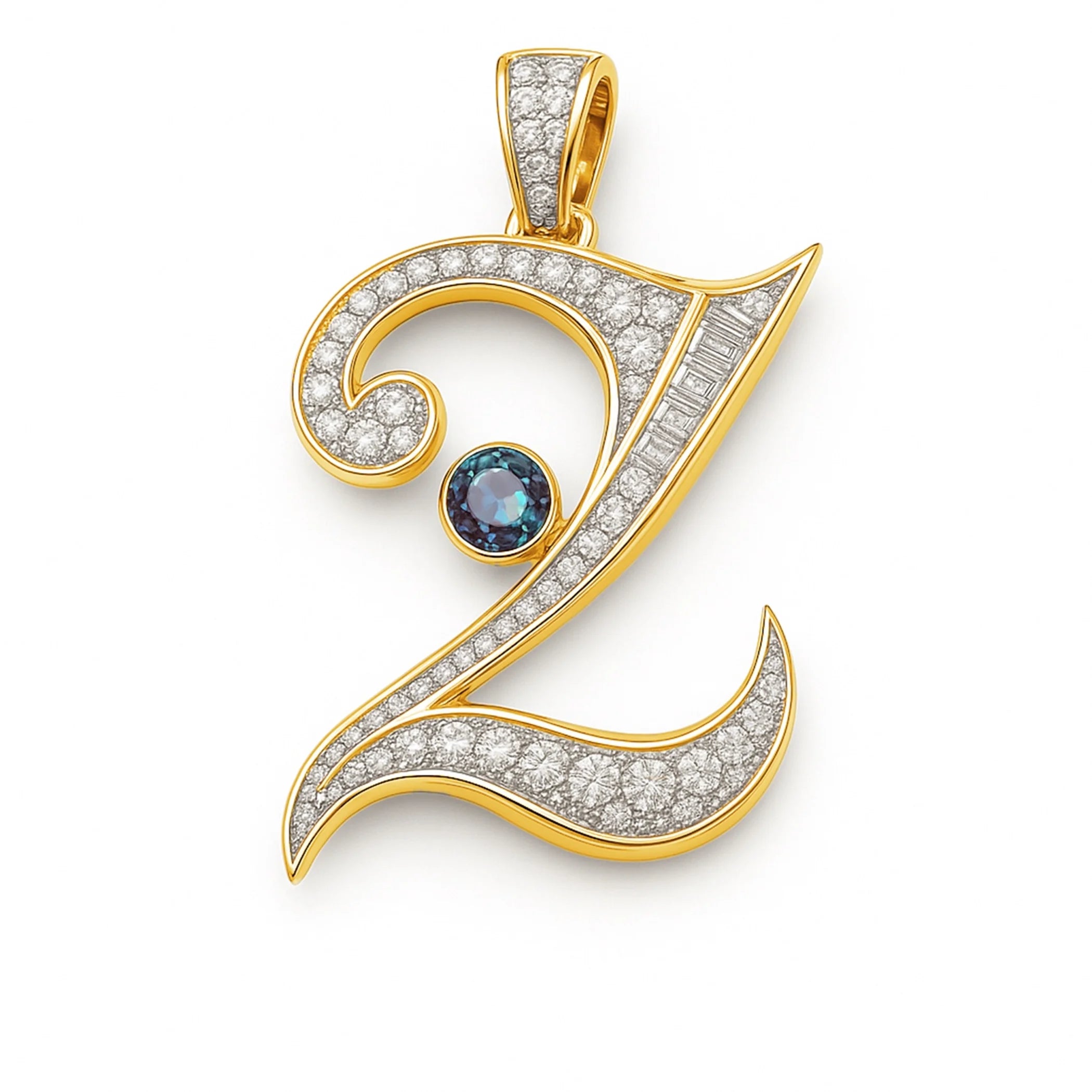 Redbutan “2” numeral pendant in yellow gold with pavé diamonds, baguette-cut diamond spine, and round blue gemstone accent; made-to-order high jewelry.