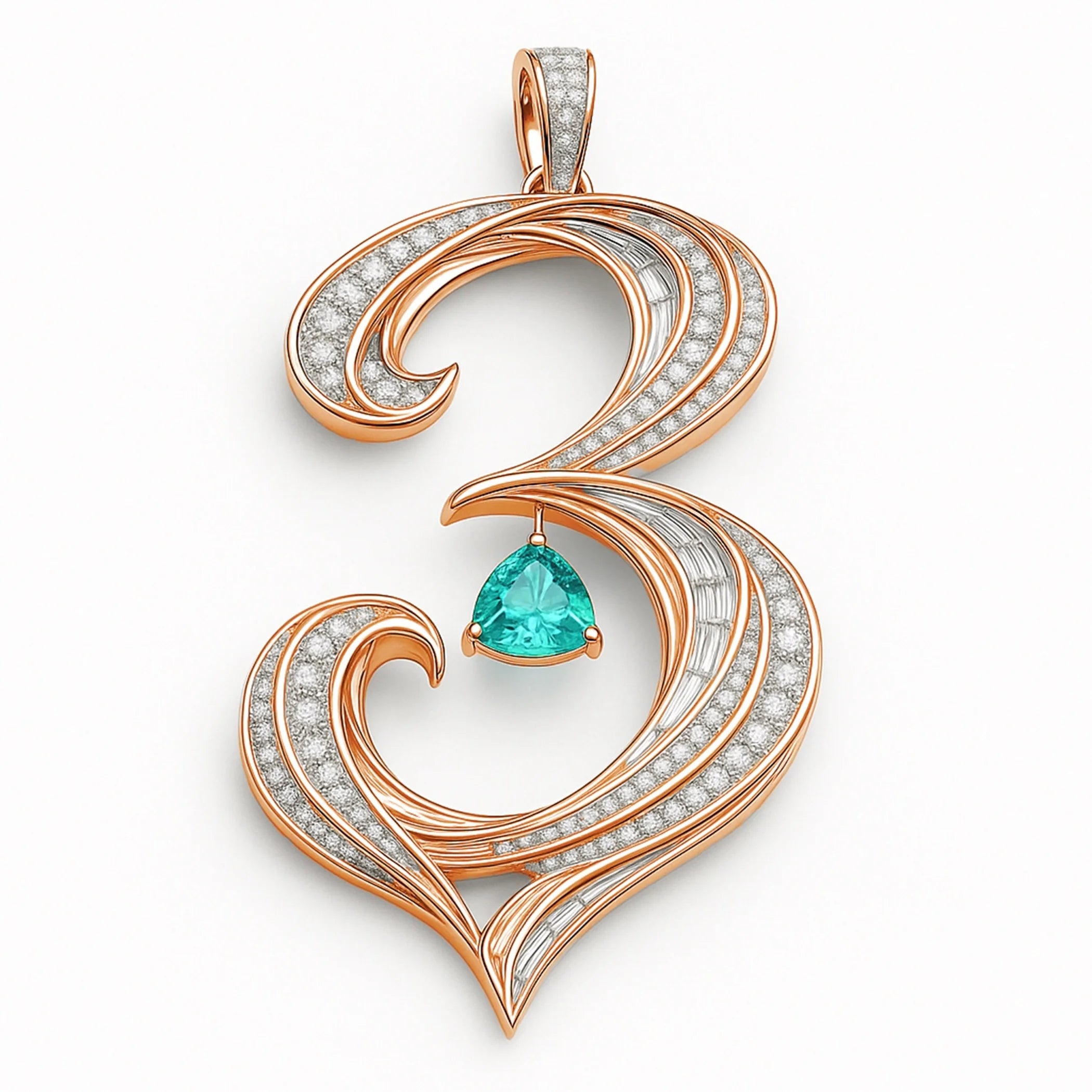Redbutan “3” numeral pendant in rose gold with pavé and baguette diamonds, sweeping curves, and a dangling teal trillion-cut gemstone; made-to-order high jewelry.