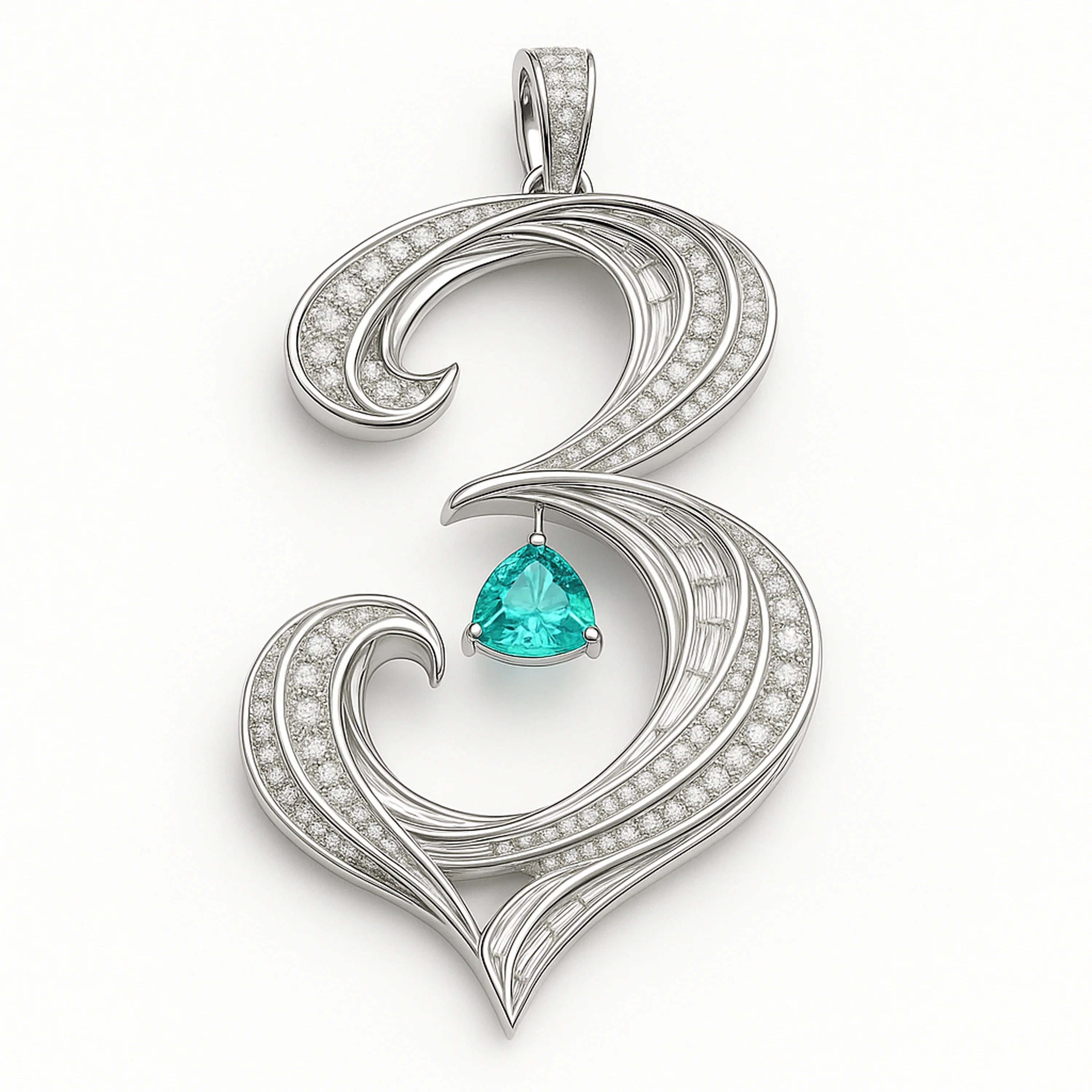 Redbutan “3” numeral pendant in white gold with pavé and baguette diamonds, sweeping curves, and a dangling teal trillion-cut gemstone; made-to-order high jewelry.