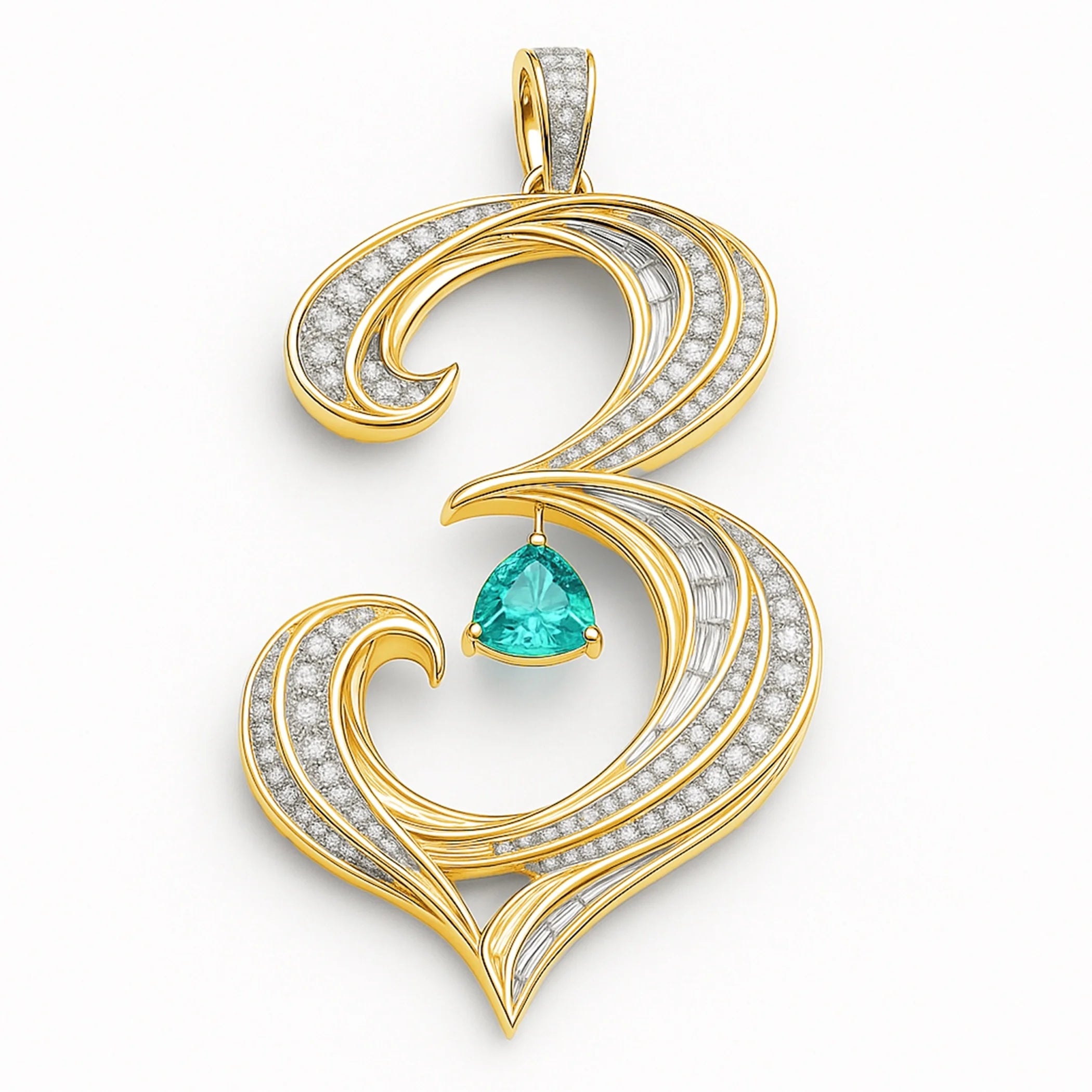 Redbutan “3” numeral pendant in yellow gold with pavé and baguette diamonds, sweeping curves, and a dangling teal trillion-cut gemstone; made-to-order high jewelry.