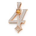Redbutan “4” numeral pendant in rose gold with pavé diamonds, vertical baguette-diamond column and octagonal yellow gemstone; made-to-order high jewelry.