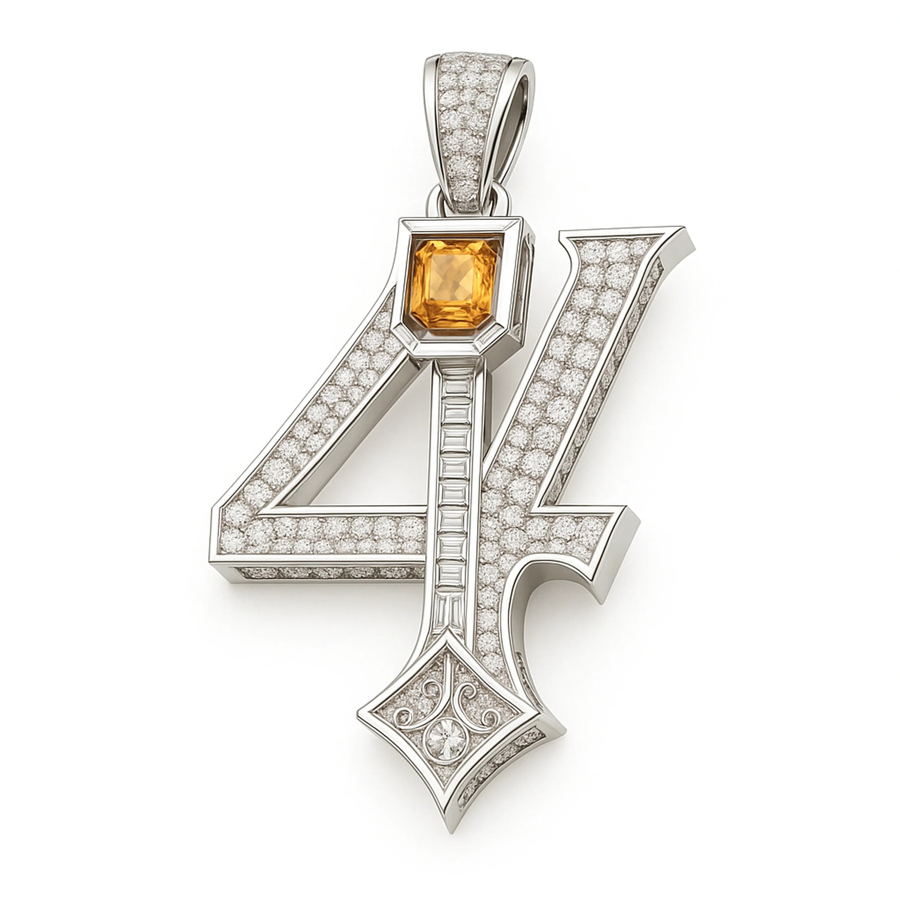Redbutan “4” numeral pendant in white gold with pavé diamonds, vertical baguette-diamond column and octagonal yellow gemstone; made-to-order high jewelry.
