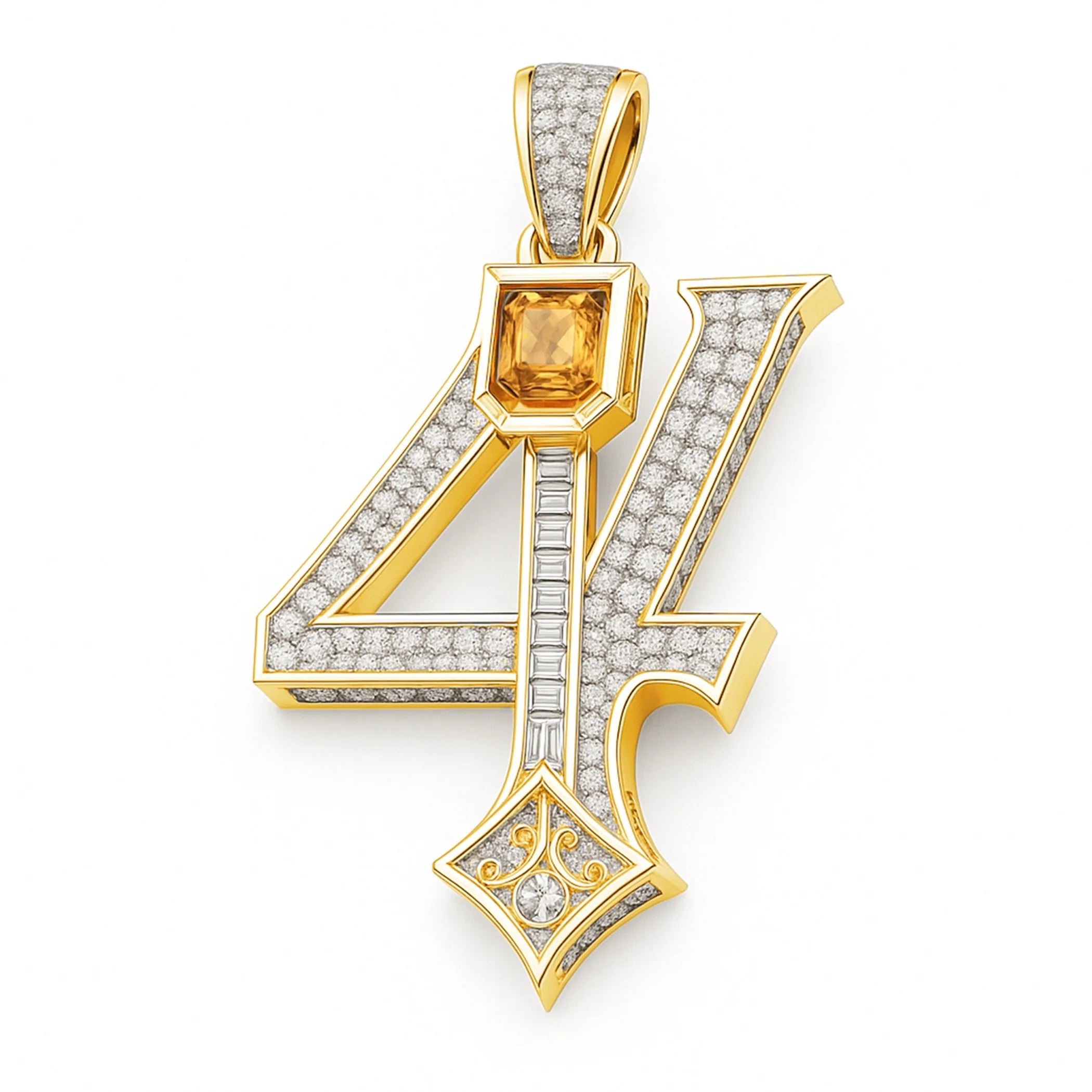 Redbutan “4” numeral pendant in yellow gold with pavé diamonds, vertical baguette-diamond column and octagonal yellow gemstone; made-to-order high jewelry.