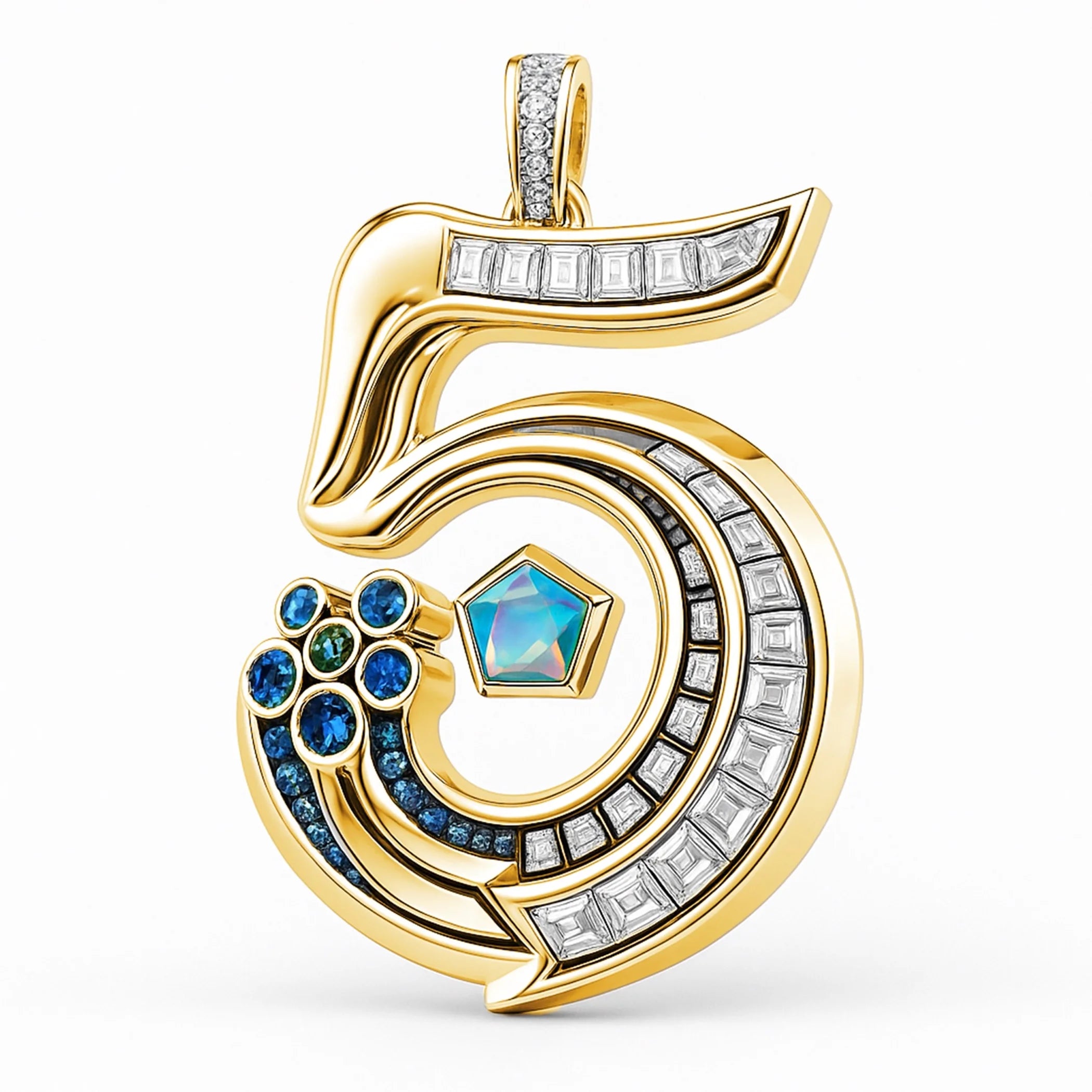 Redbutan “5” numeral pendant in gold with baguette diamonds, blue sapphires, and an opal-pentagon centre; numbered, made-to-order high jewelry.