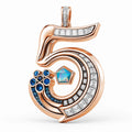 Redbutan “5” numeral pendant in rose gold with baguette diamonds, blue sapphires, and an opal-pentagon centre; numbered, made-to-order high jewelry.