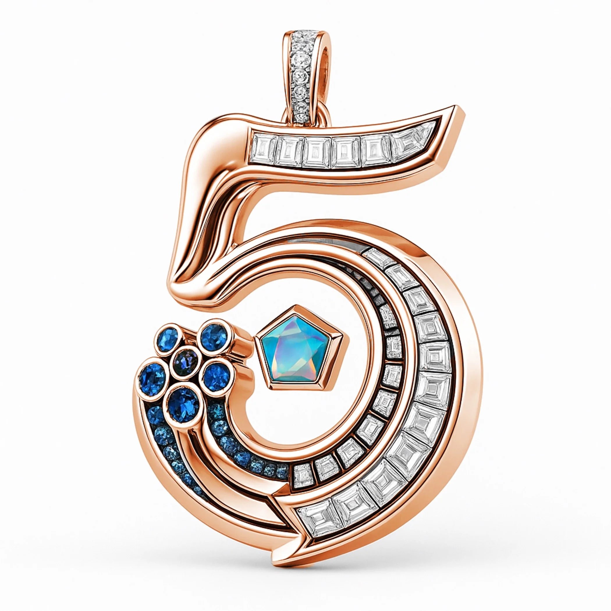 Redbutan “5” numeral pendant in rose gold with baguette diamonds, blue sapphires, and an opal-pentagon centre; numbered, made-to-order high jewelry.
