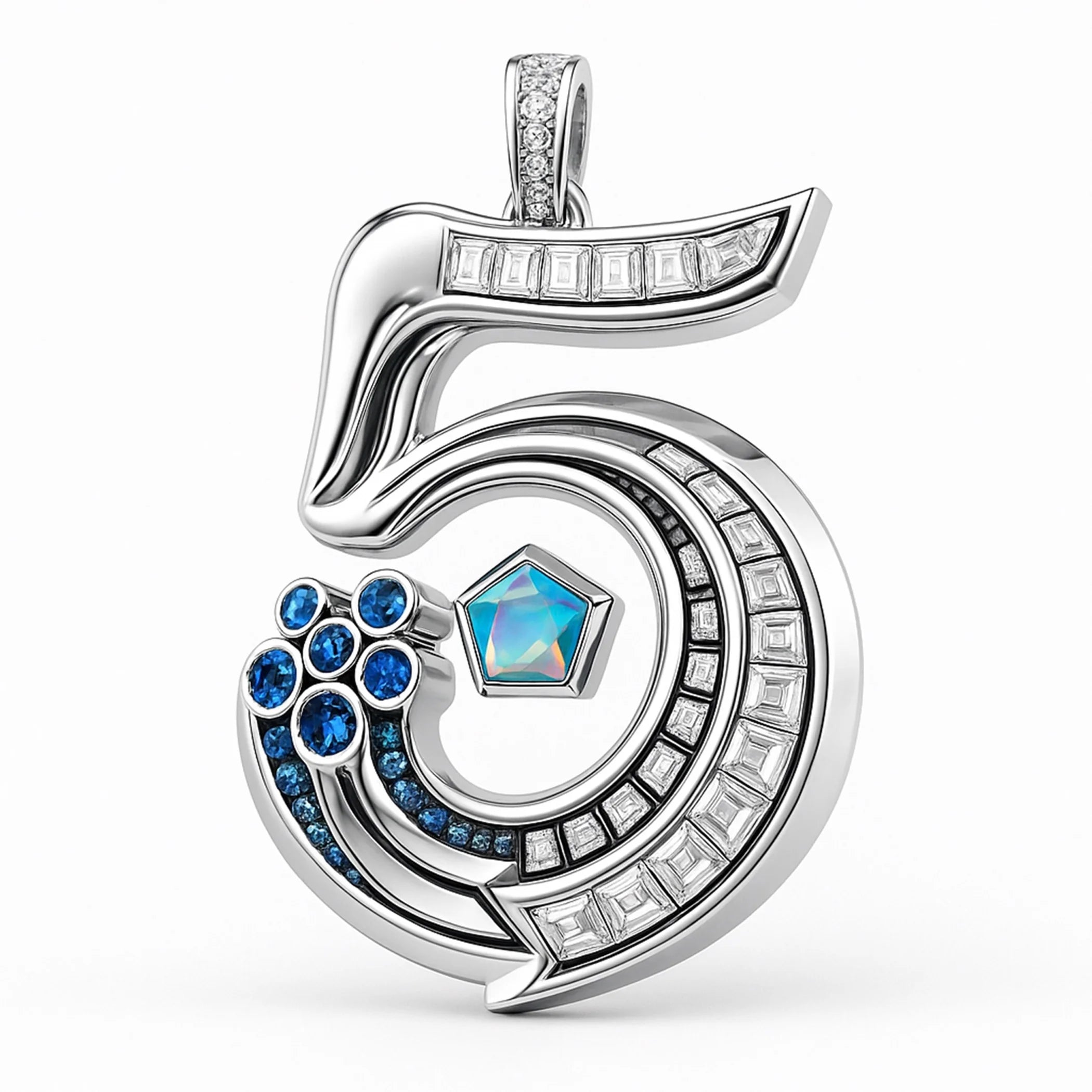 Redbutan “5” numeral pendant in white gold with baguette diamonds, blue sapphires, and an opal-pentagon centre; numbered, made-to-order high jewelry.