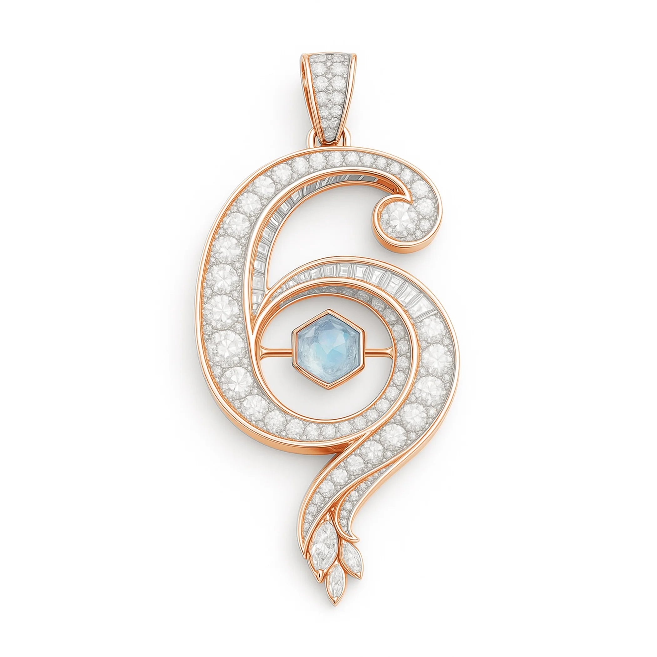Redbutan “6” numeral pendant in rose gold with pavé diamonds, channel-set baguette halo, ice-blue hexagon gemstone and marquise tip; made-to-order high jewelry.
