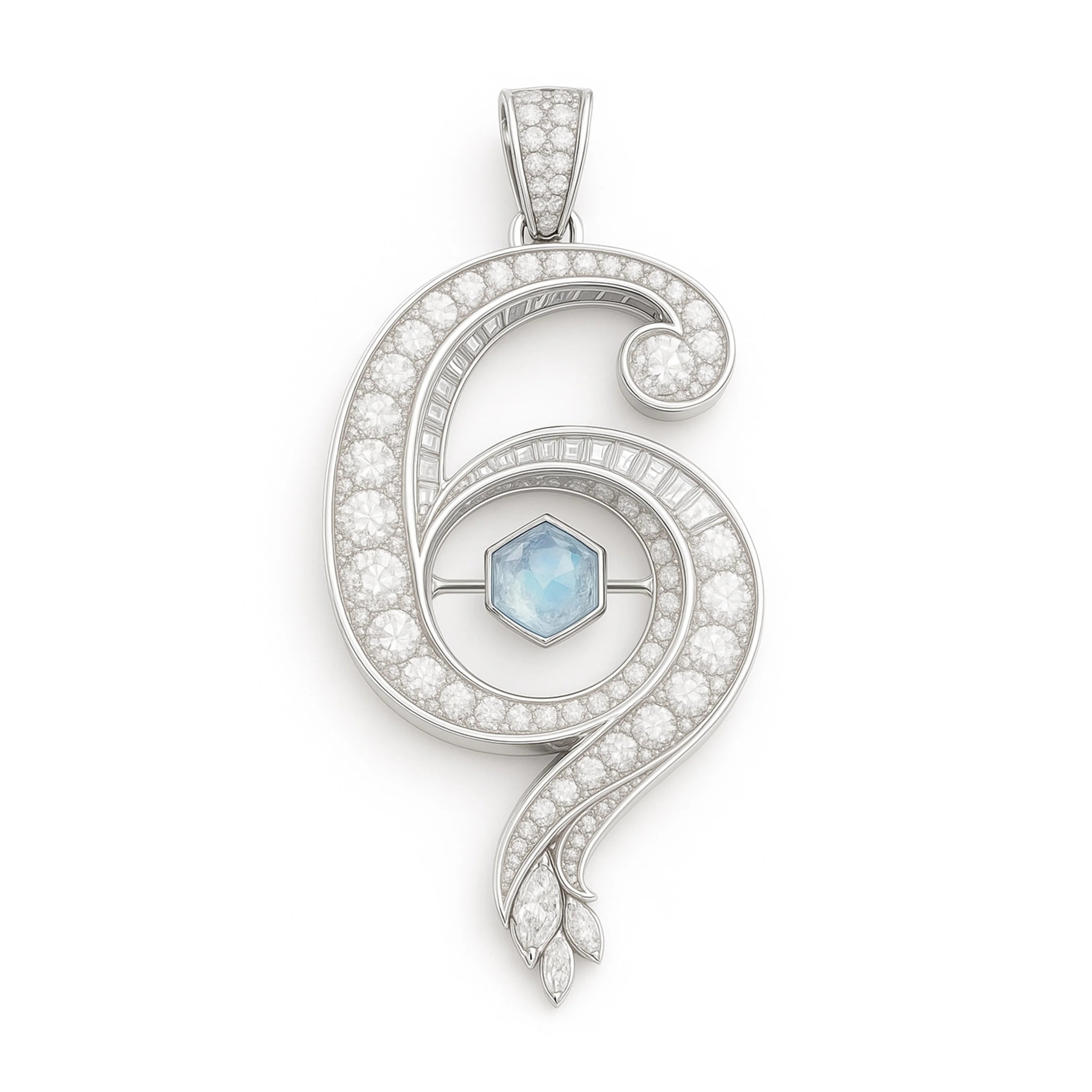 Redbutan “6” numeral pendant in white gold with pavé diamonds, channel-set baguette halo, ice-blue hexagon gemstone and marquise tip; made-to-order high jewelry.