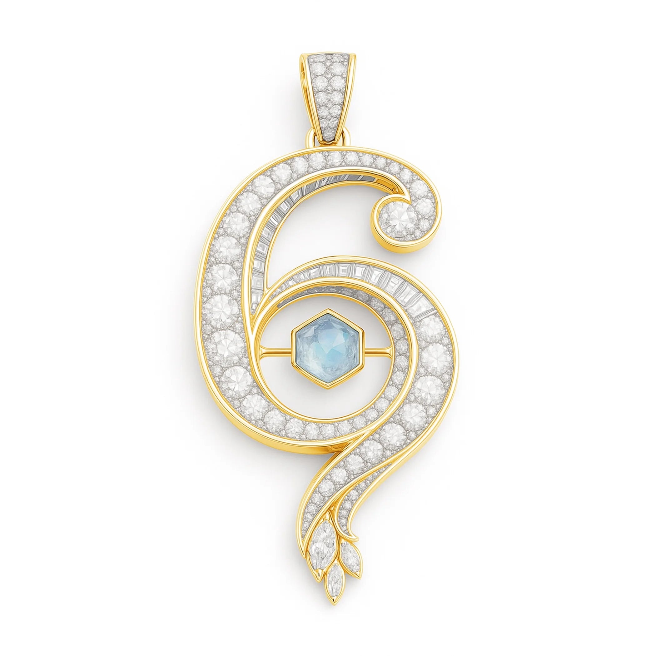 Redbutan “6” numeral pendant in yellow gold with pavé diamonds, channel-set baguette halo, ice-blue hexagon gemstone and marquise tip; made-to-order high jewelry.