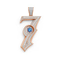 Redbutan “7” numeral pendant in rose gold with pavé diamonds, baguette-diamond spine and star-cut blue gemstone centre; made-to-order high jewelry.