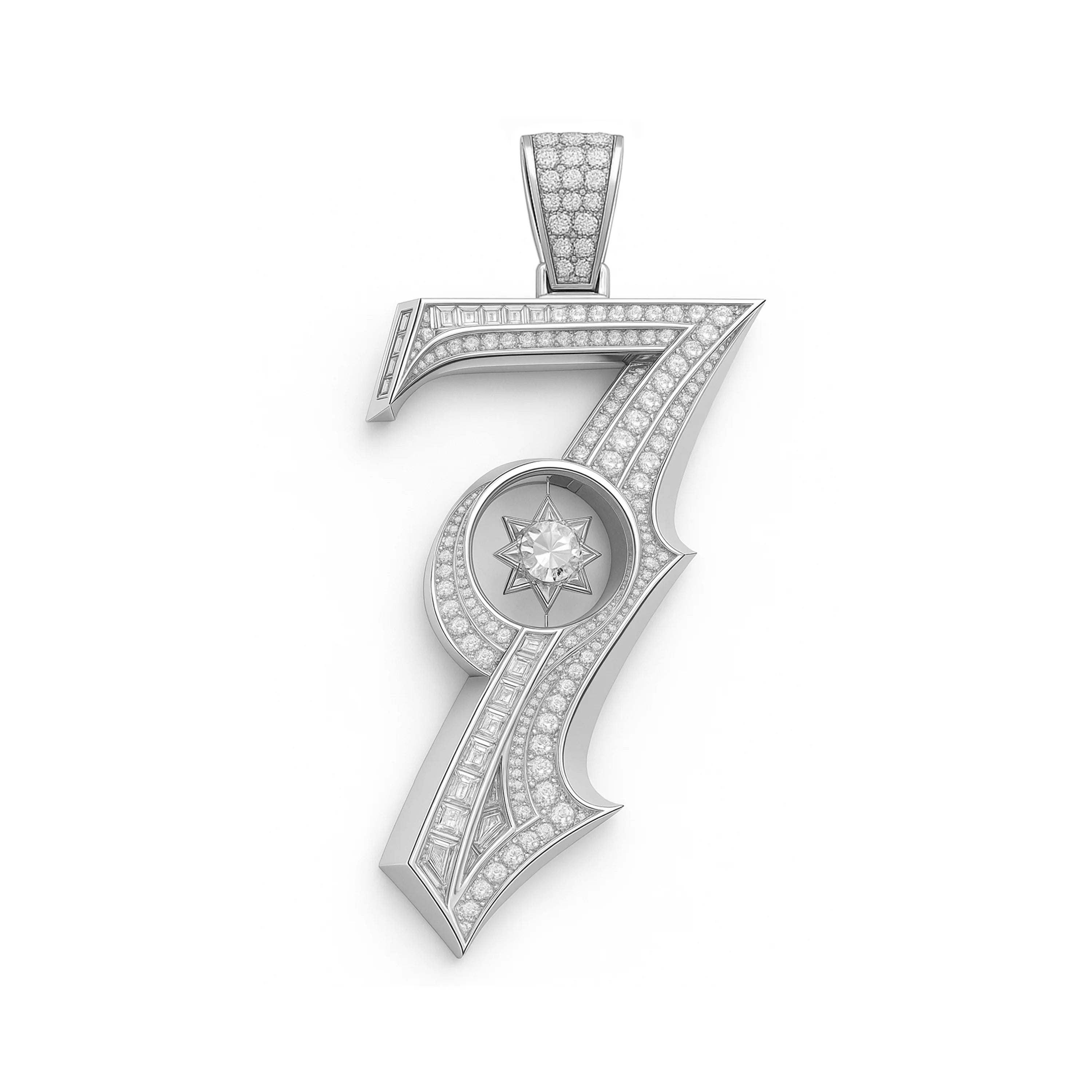 Redbutan “7” numeral pendant in white gold with pavé diamonds, baguette-diamond spine and star-cut blue gemstone centre; made-to-order high jewelry.