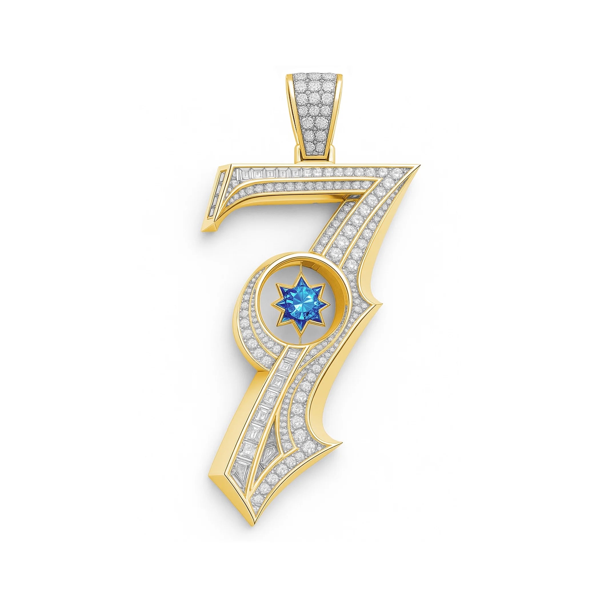 Redbutan “7” numeral pendant in yellow gold with pavé diamonds, baguette-diamond spine and star-cut blue gemstone centre; made-to-order high jewelry.