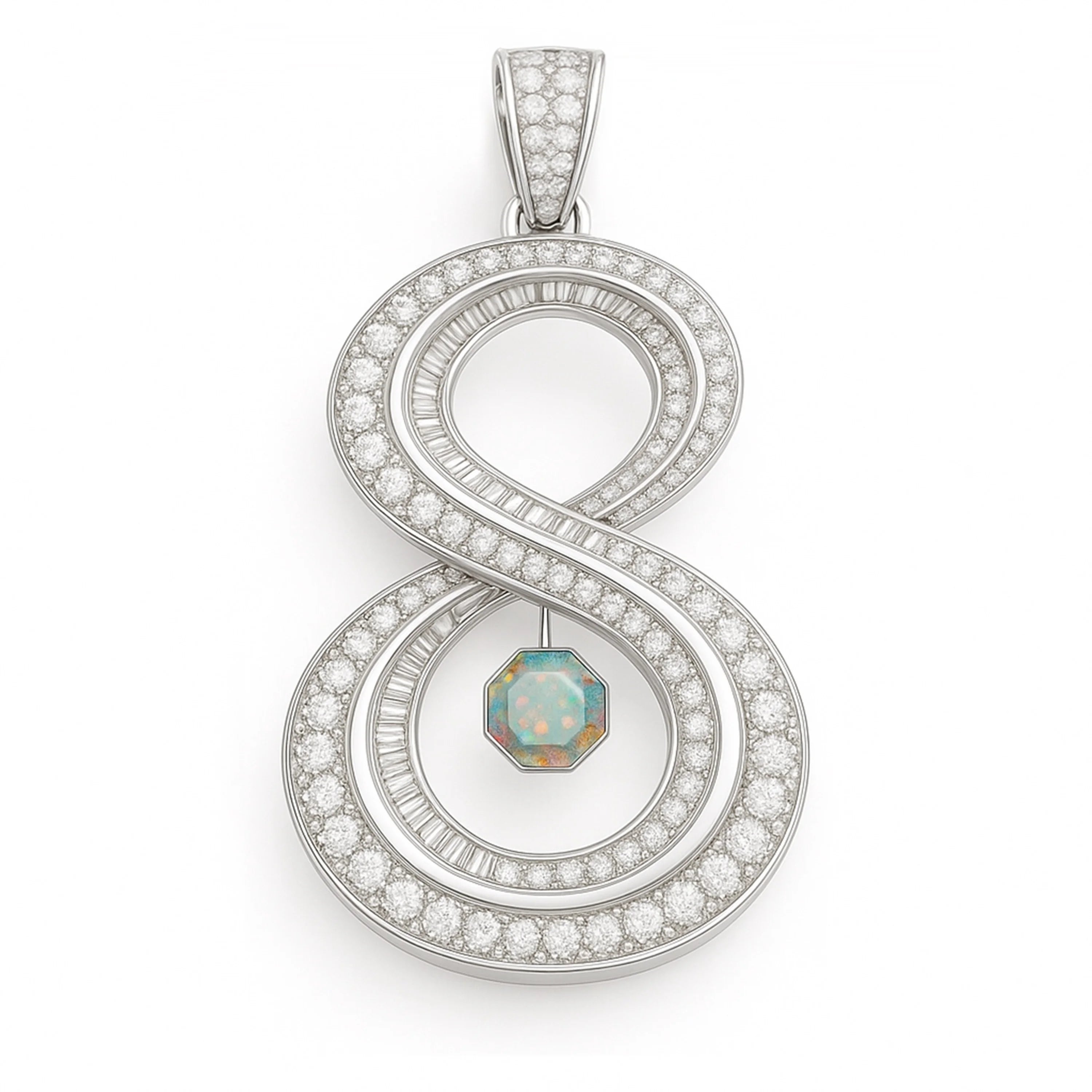 Redbutan “8” numeral pendant in white gold with pavé diamonds, inner baguette halo and suspended octagonal opal; made-to-order high jewelry.
