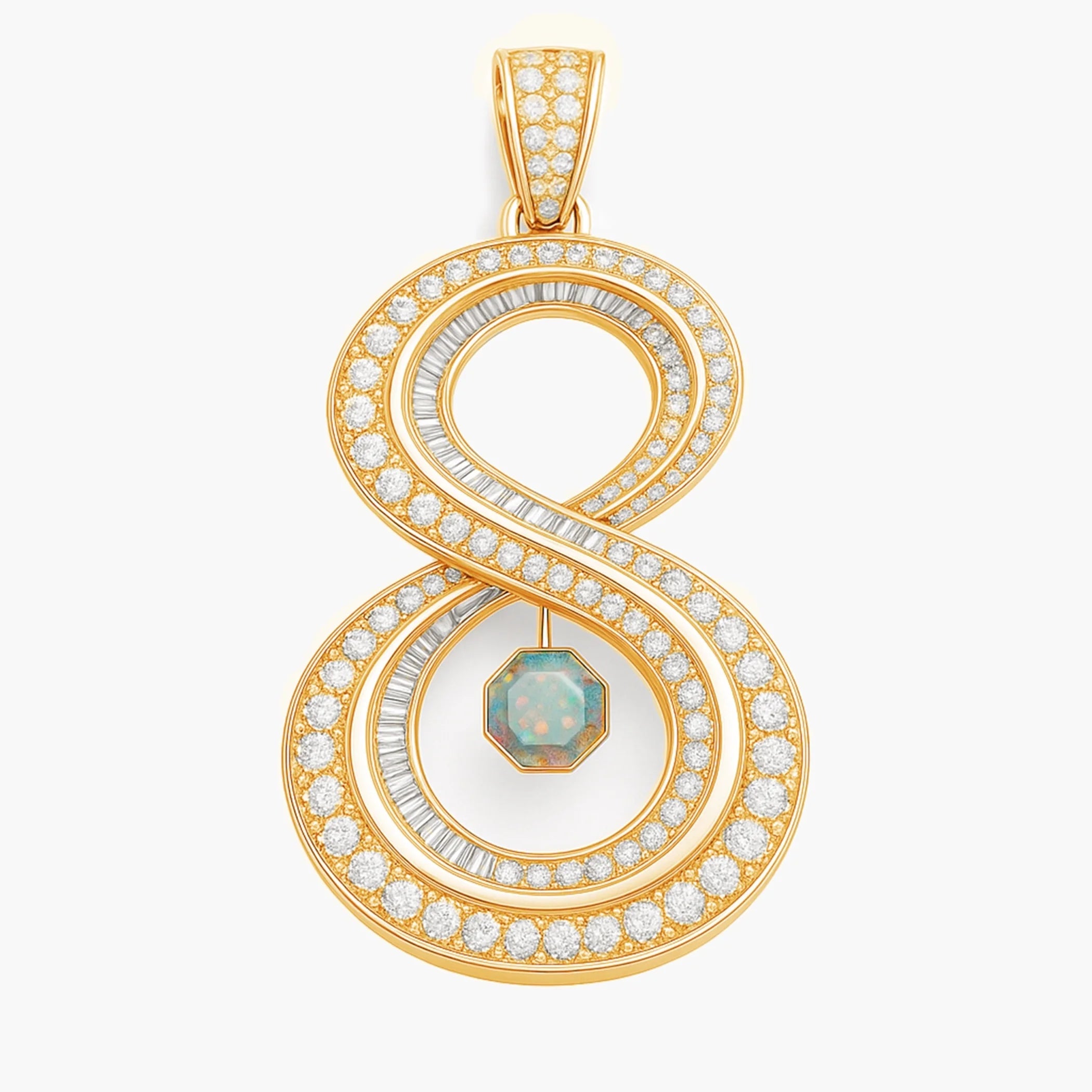 Redbutan “8” numeral pendant in yellow gold with pavé diamonds, inner baguette halo and suspended octagonal opal; made-to-order high jewelry.