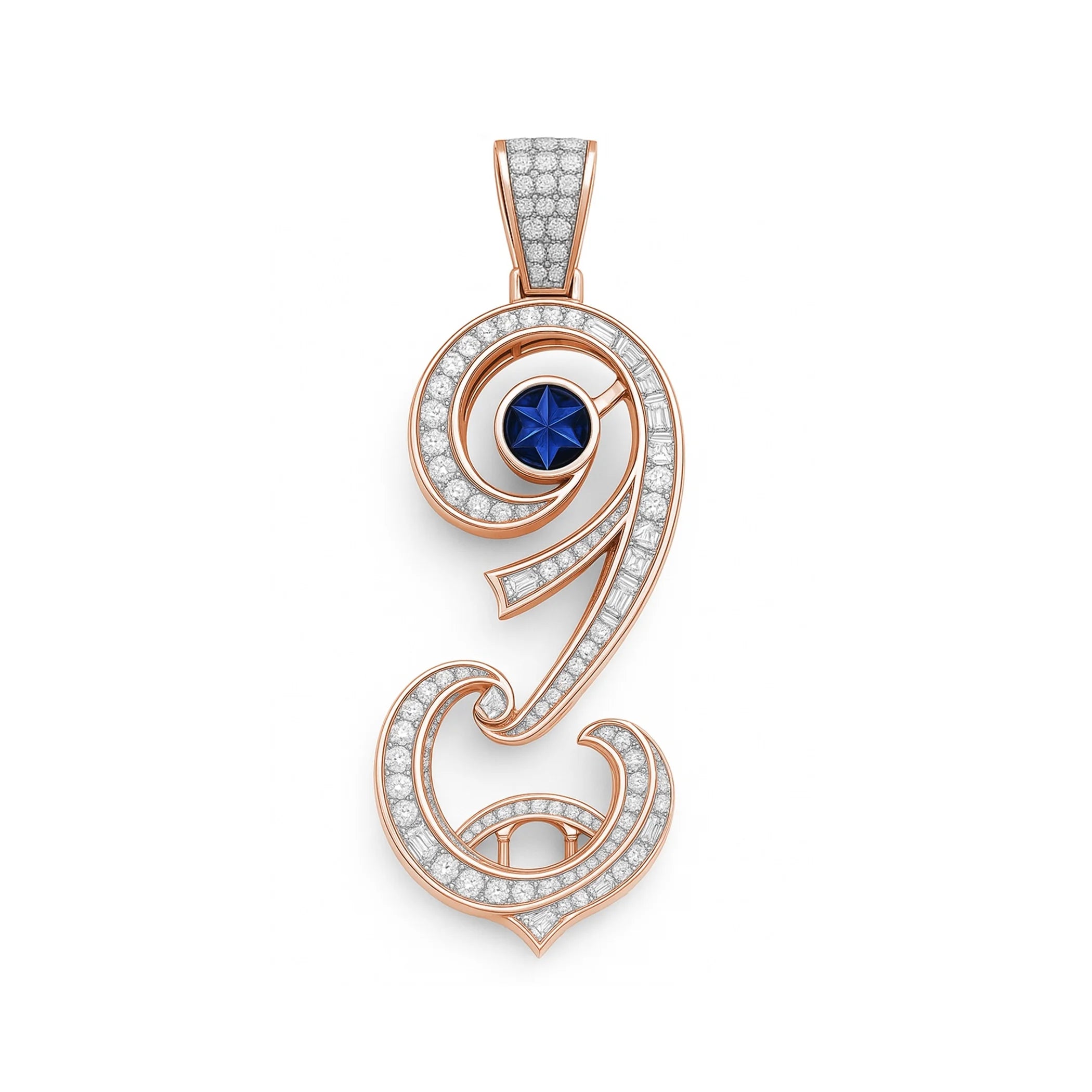 Redbutan “9” numeral pendant in rose gold with pavé diamonds, inner baguette channel and sapphire-blue star-cut gemstone; made-to-order high jewelry.
