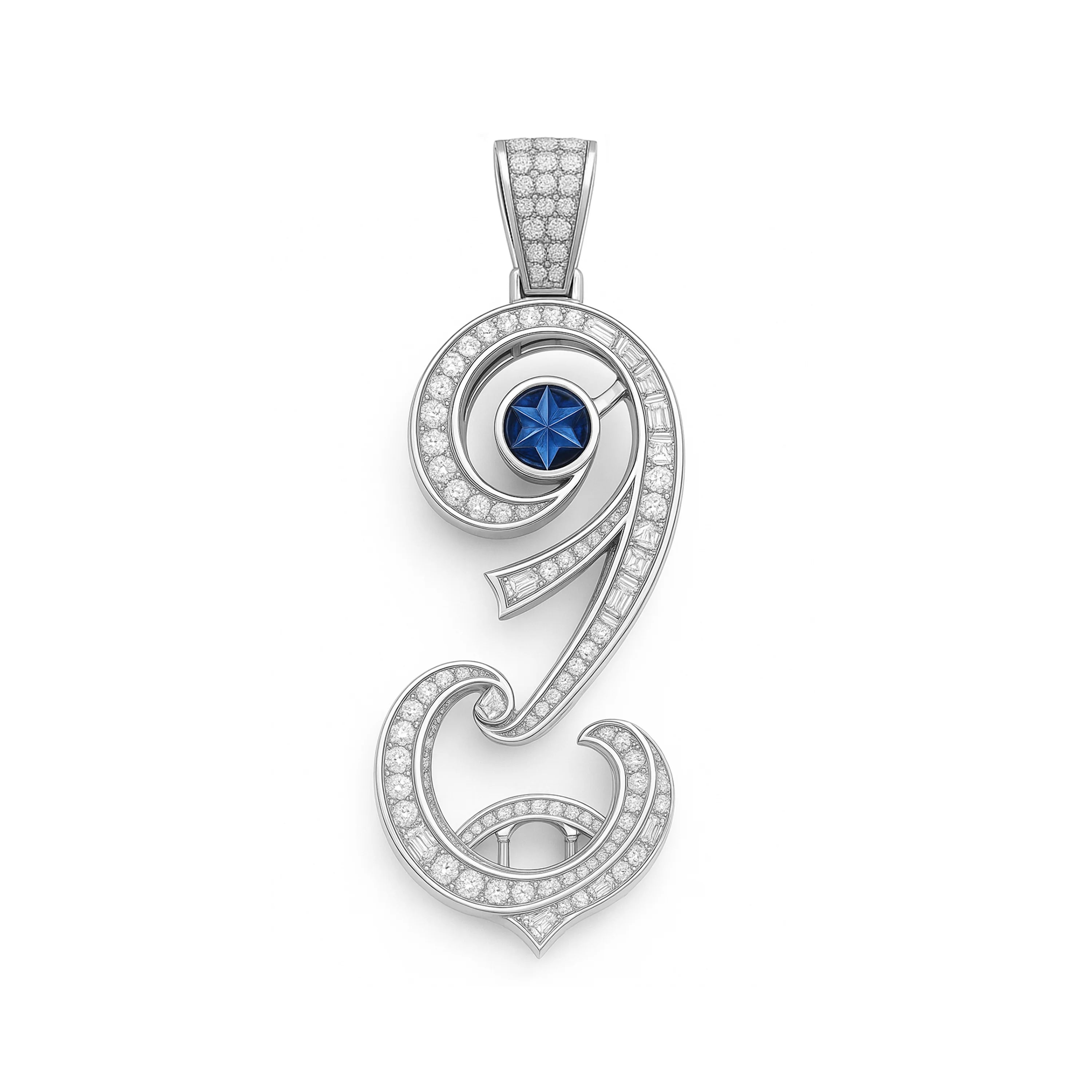 Redbutan “9” numeral pendant in white gold with pavé diamonds, inner baguette channel and sapphire-blue star-cut gemstone; made-to-order high jewelry.