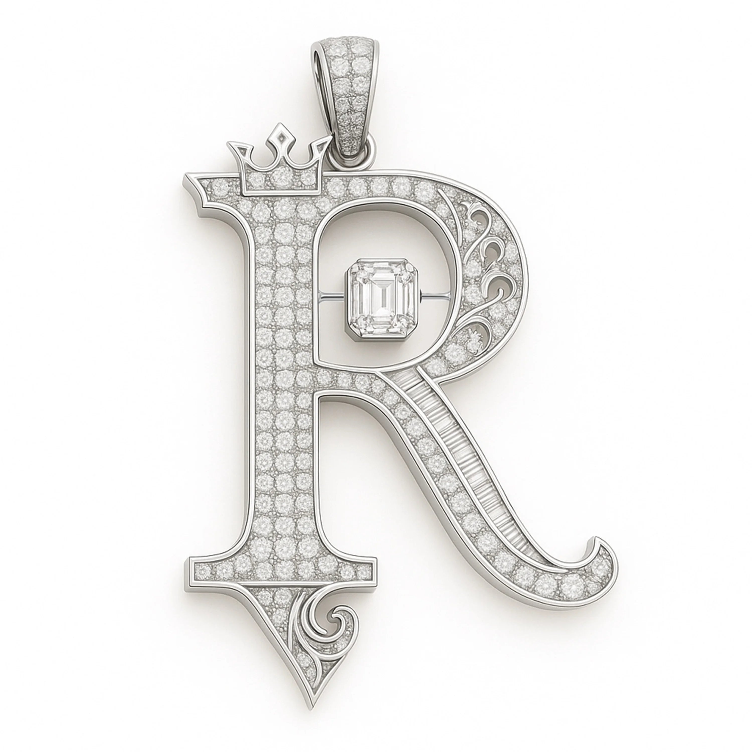 RedButan R initial pendant in white gold with pavé diamonds, emerald-cut center diamond, and baguette diamond channel detail, studio white.